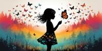 Девочка в силуэте окружена стайкой разноцветных бабочек на фоне леса.