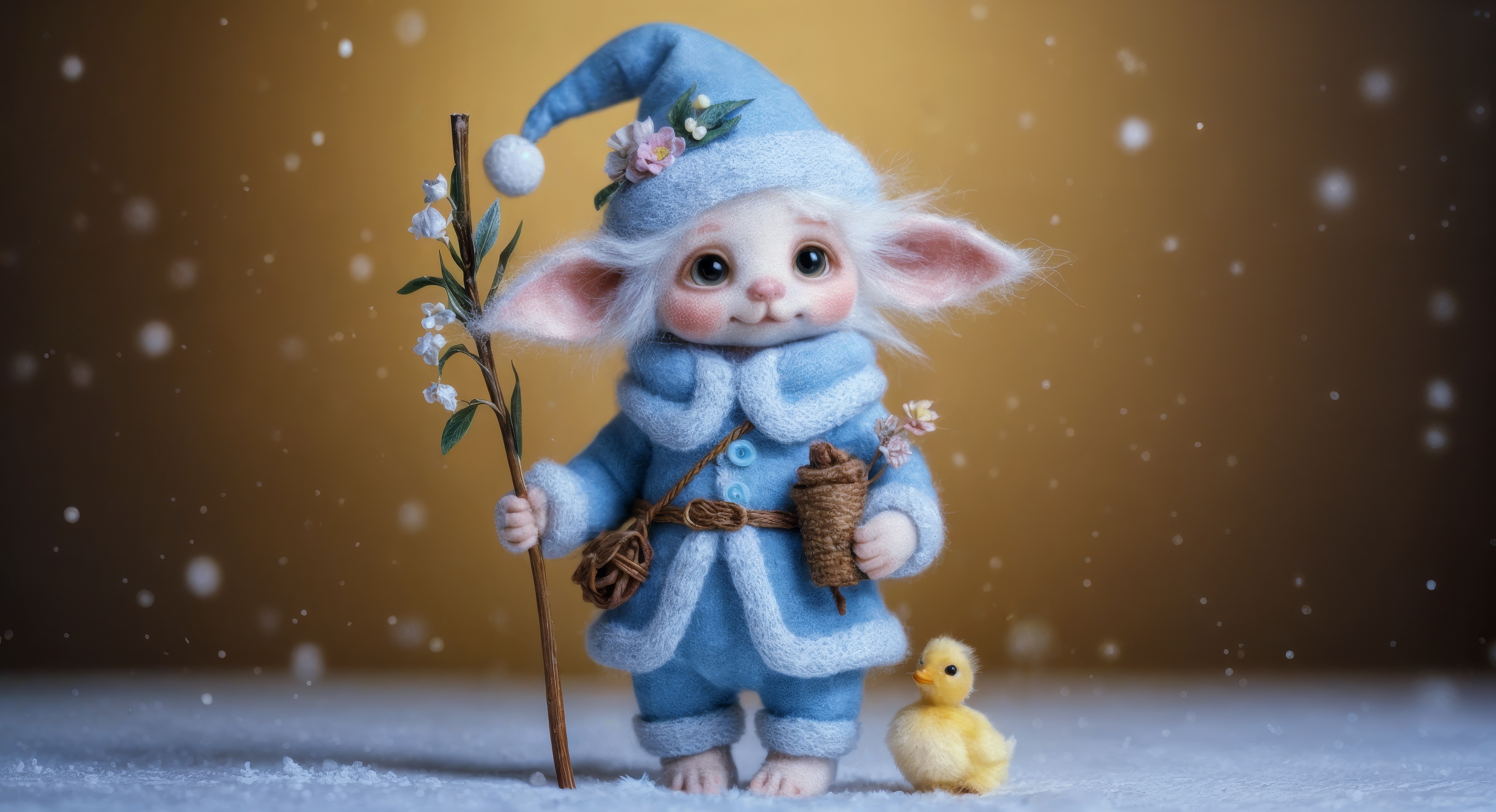 一个小侏儒拿着一根橡皮鸭的棍子