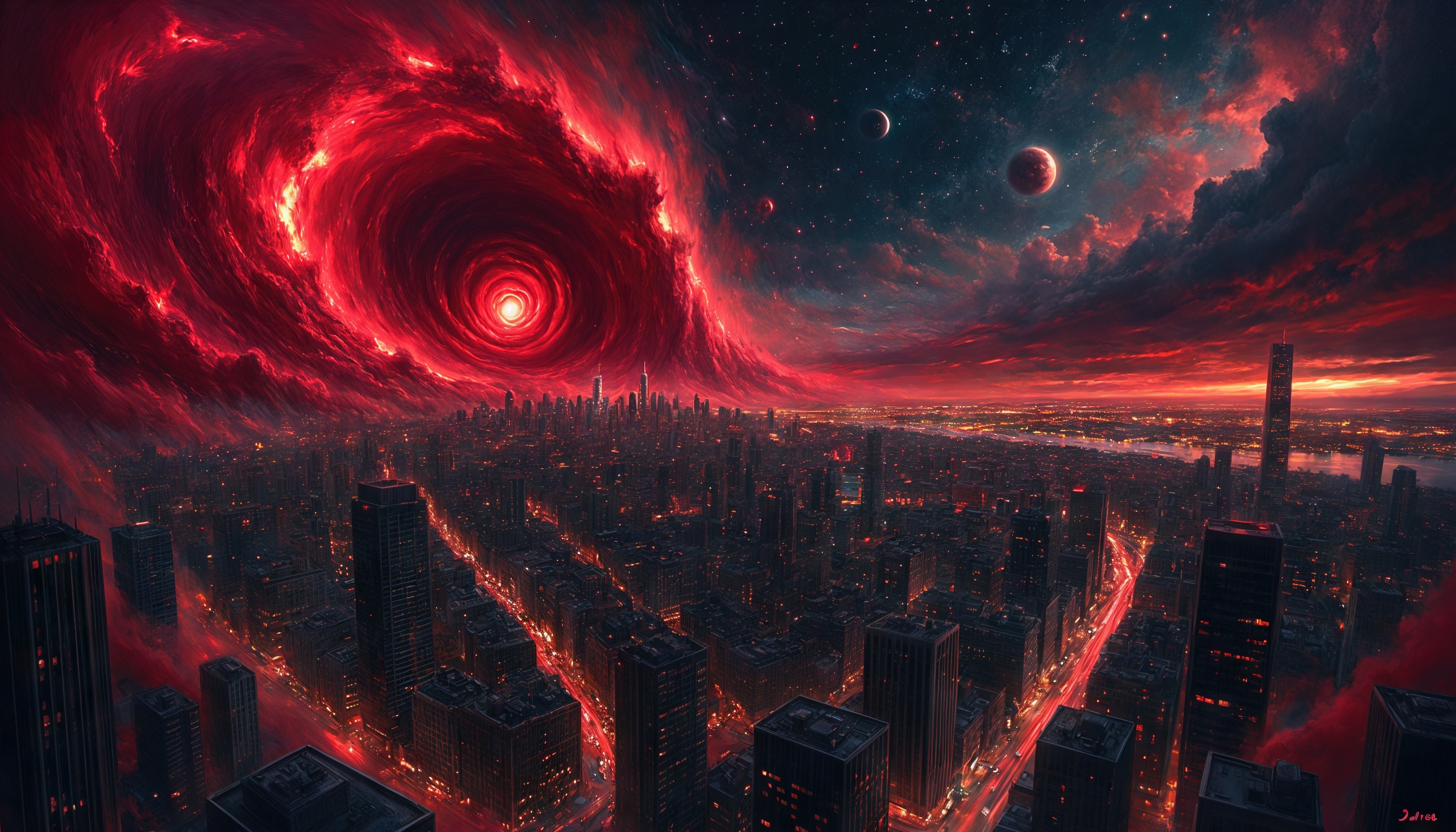 Бесплатное фото Фантастический городской пейзаж с черной дырой и красным свечением на фоне ночного неба.