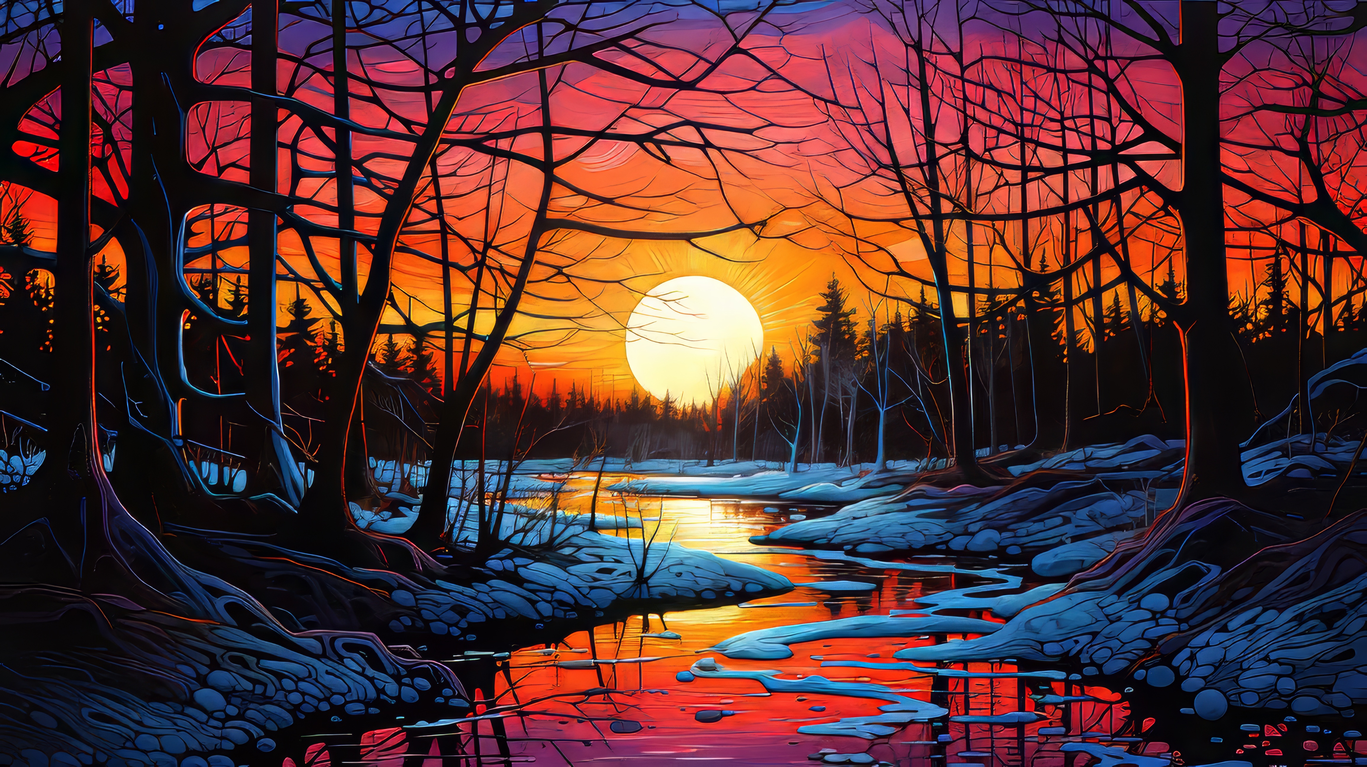 Бесплатное фото Картина с изображением заката, который находится рядом с лесом