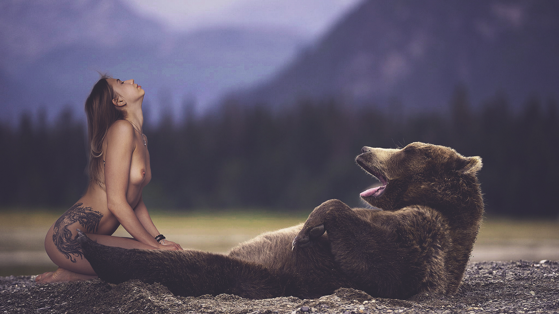 Обои женщина медведь грудь на рабочий стол