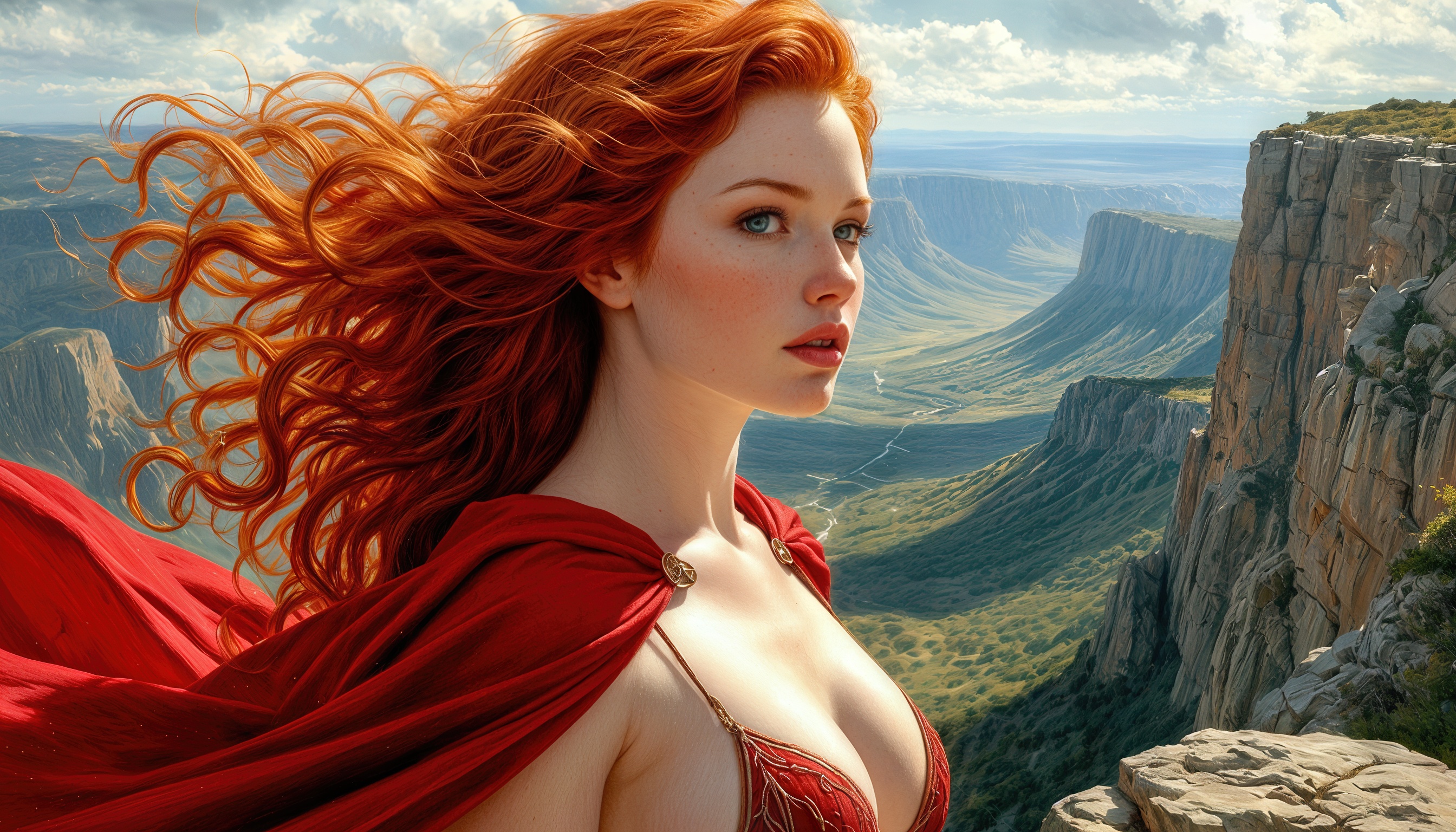Бесплатное фото Женщина с рыжими волосами на утесе в красной накидке.