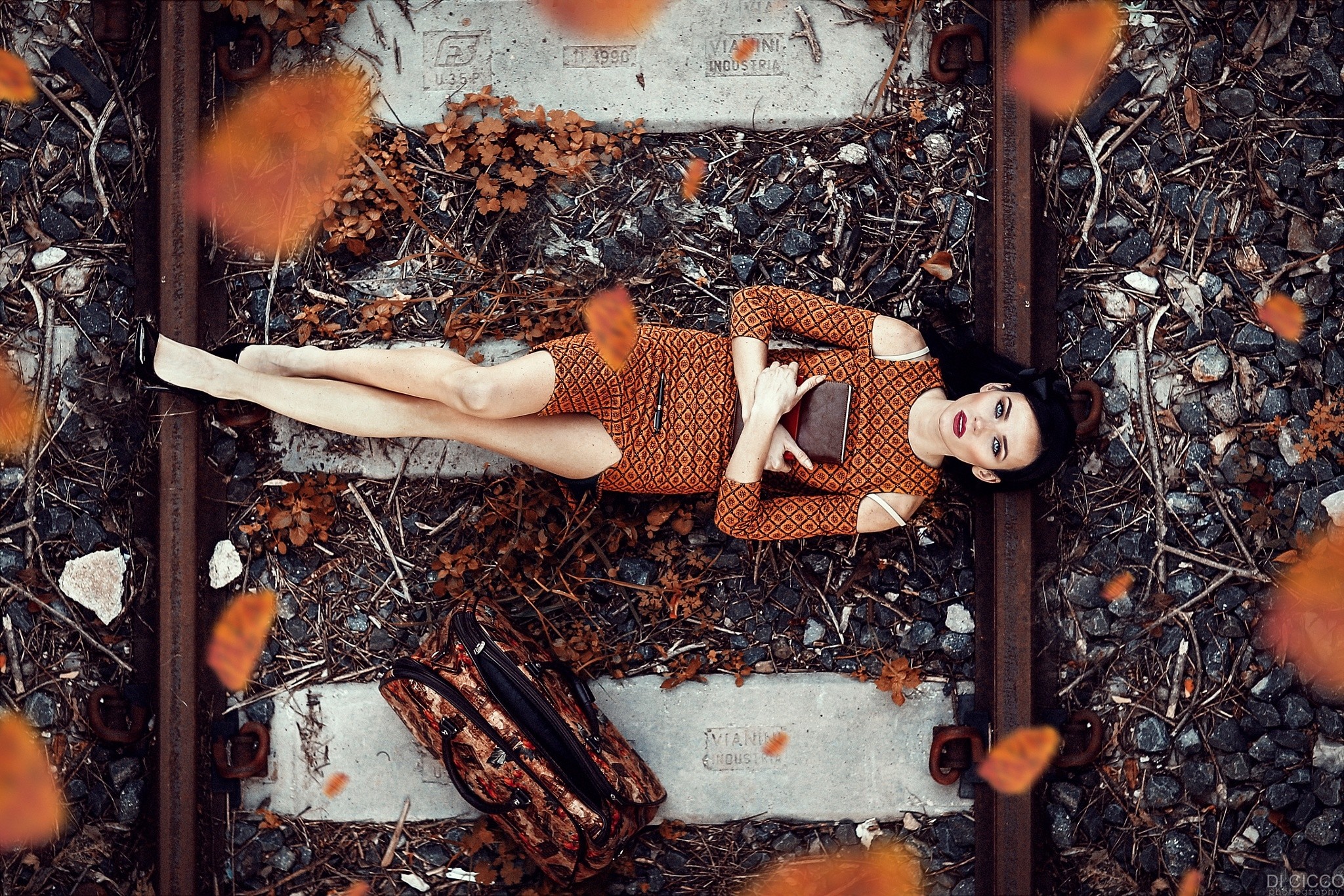 Free photo Alessandro Di Cicco lies on a railroad track under autumn leaves