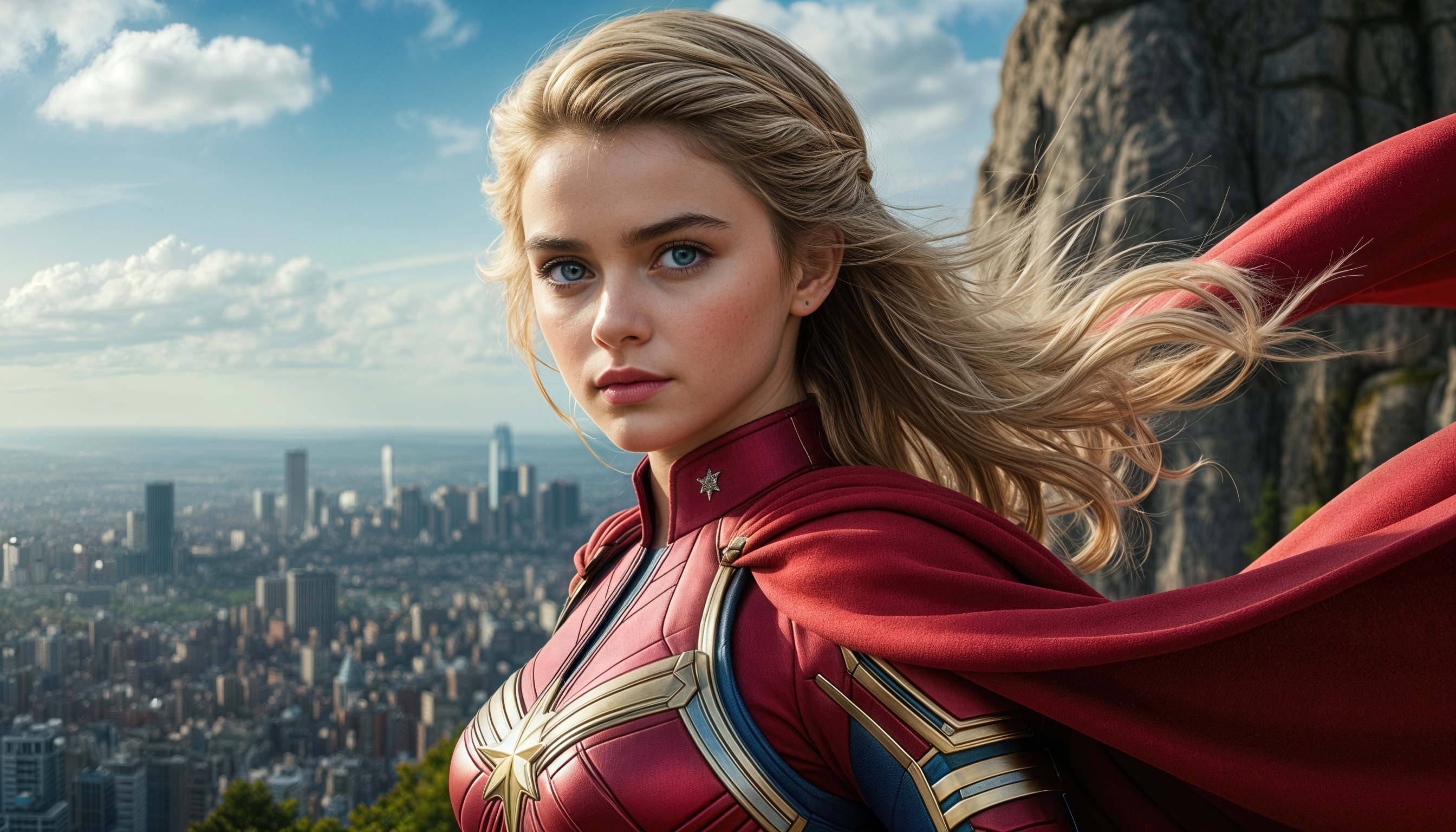 Кэрол Дэнверс, также известная как Капитан Марвел, на фоне городского пейзажа.