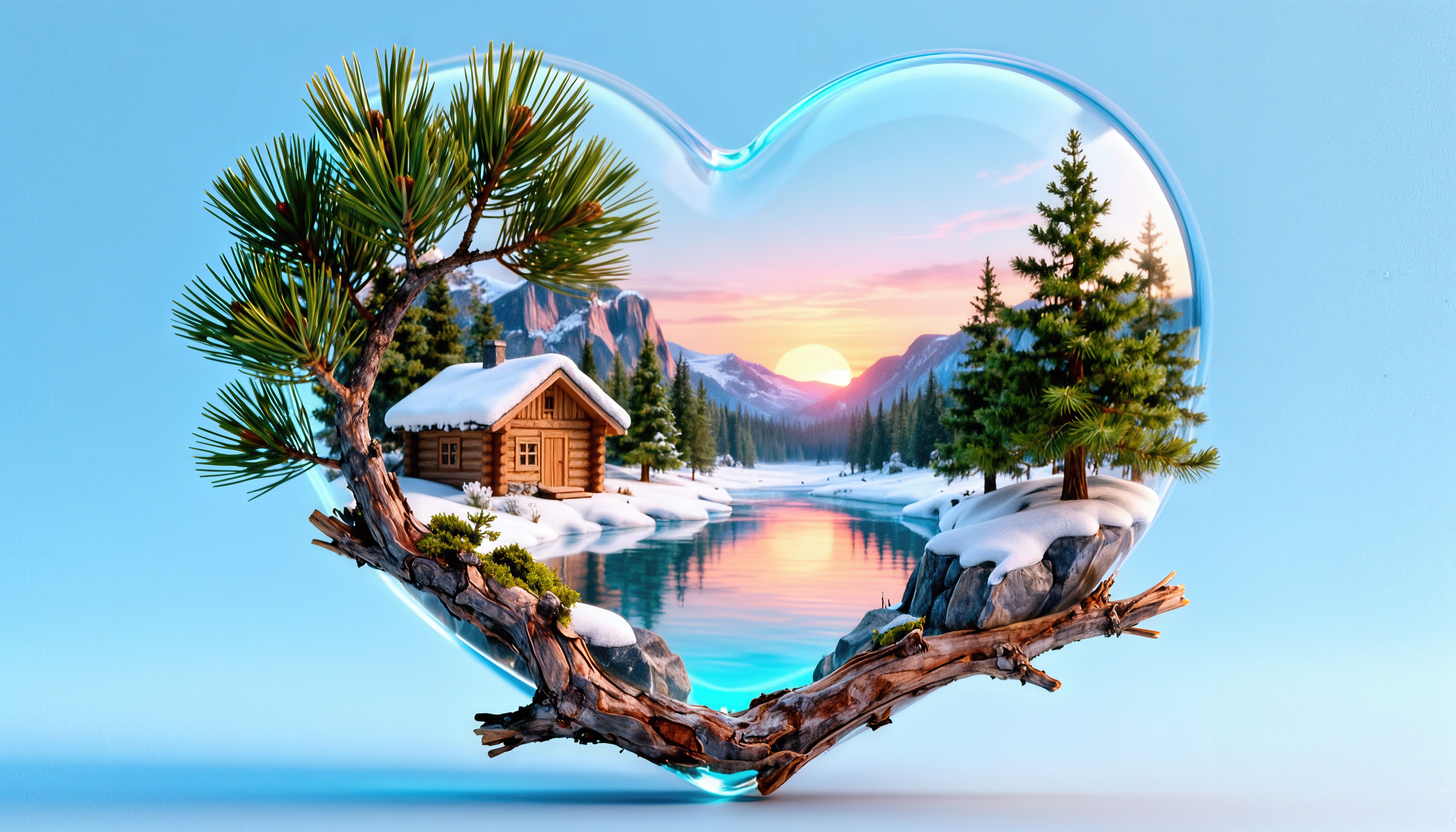 Free photo The winter landscape is enclosed in a transparent glass heart.