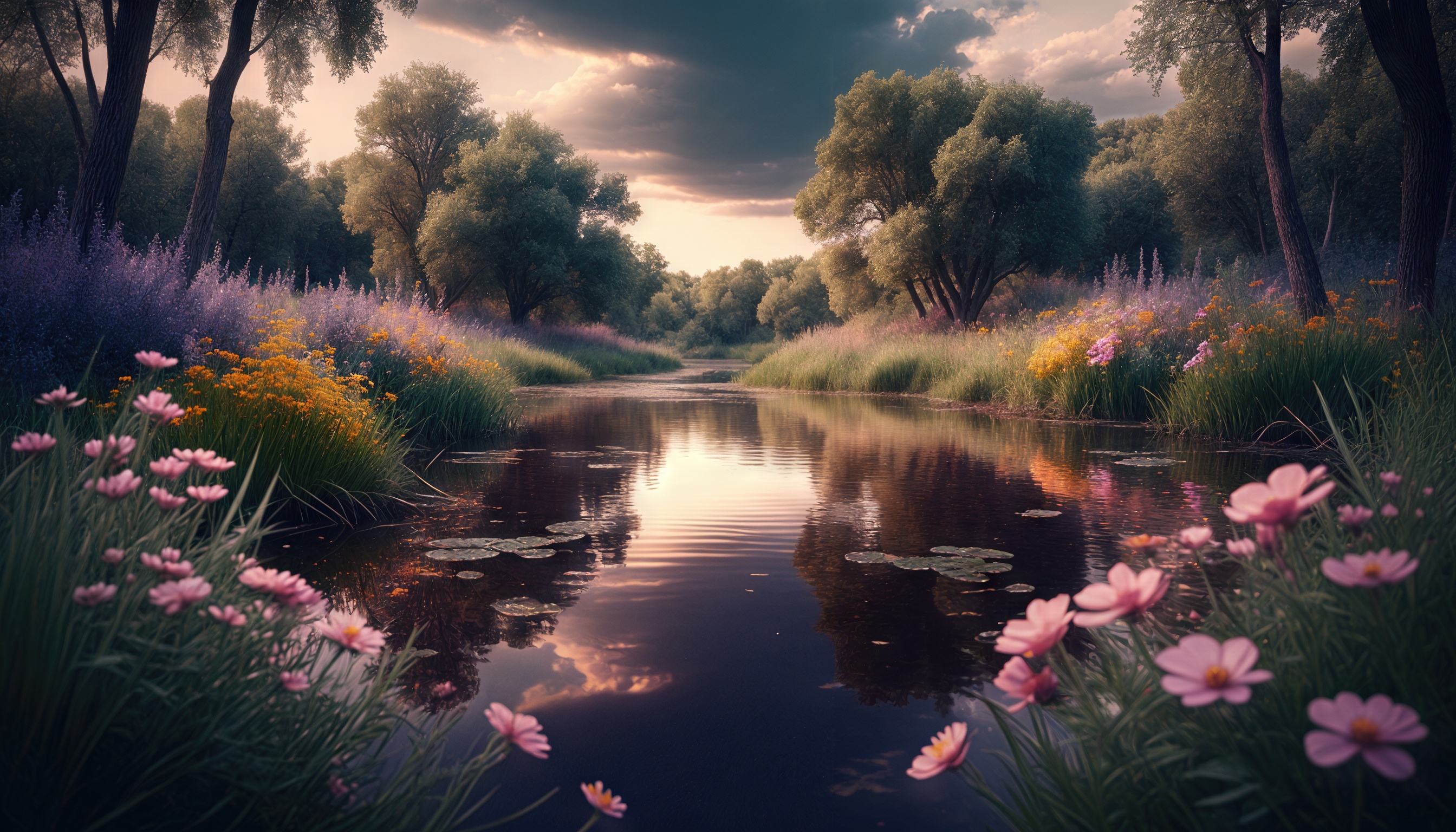 Бесплатное фото Живописный пейзаж с рекой, окружённой деревьями и цветами, создающий атмосферу спокойствия и гармонии.