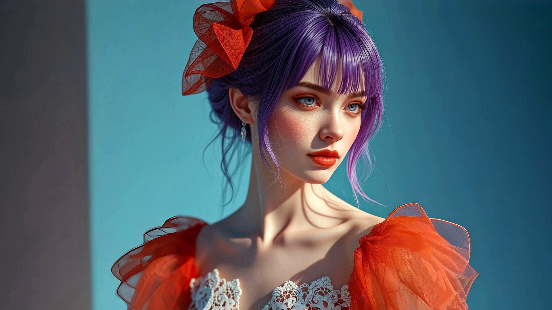 Портрет девушки с синими волосами в красном платье