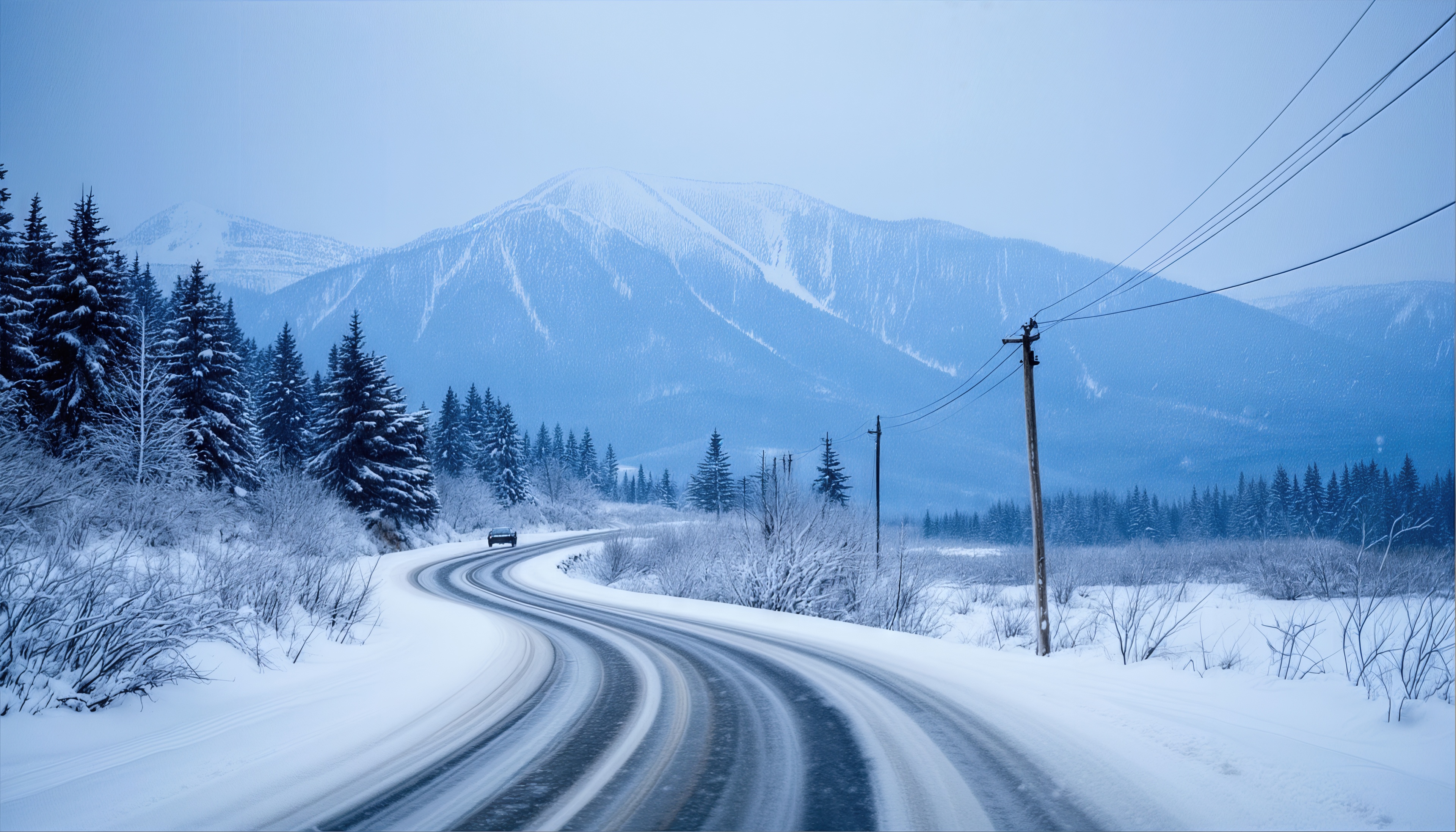 桌面上的壁纸冬季道路 雪山 针叶林