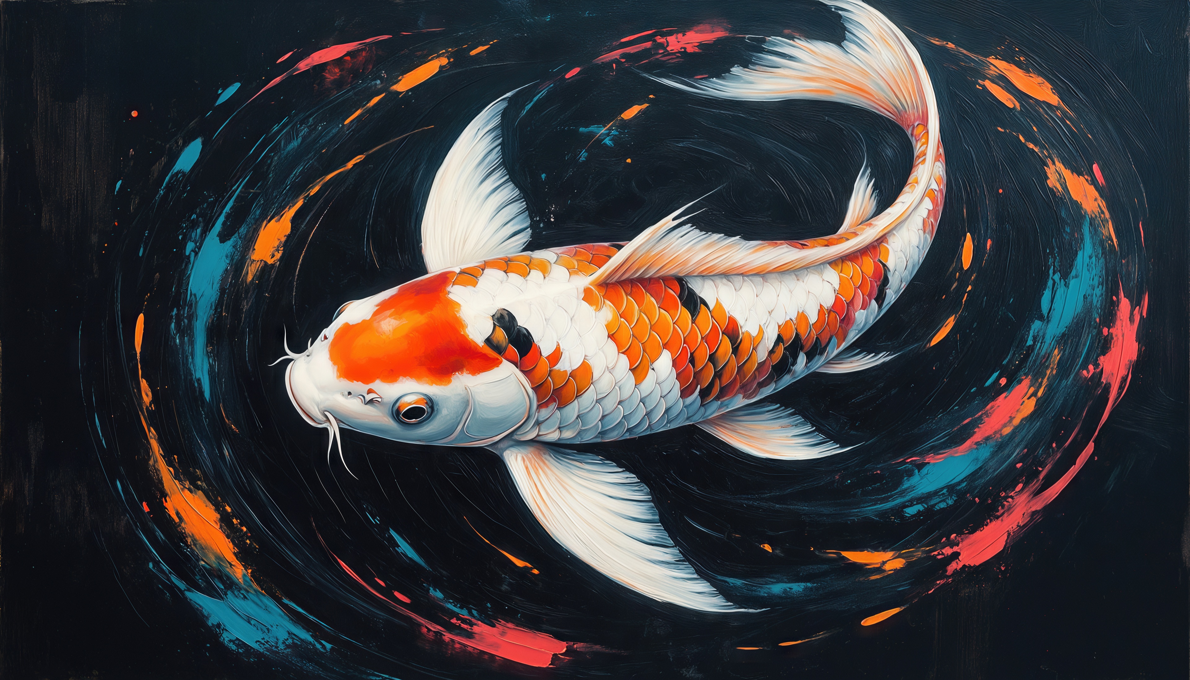 Бесплатное фото Яркий карп кои кружится в вихре красок на тёмном фоне.