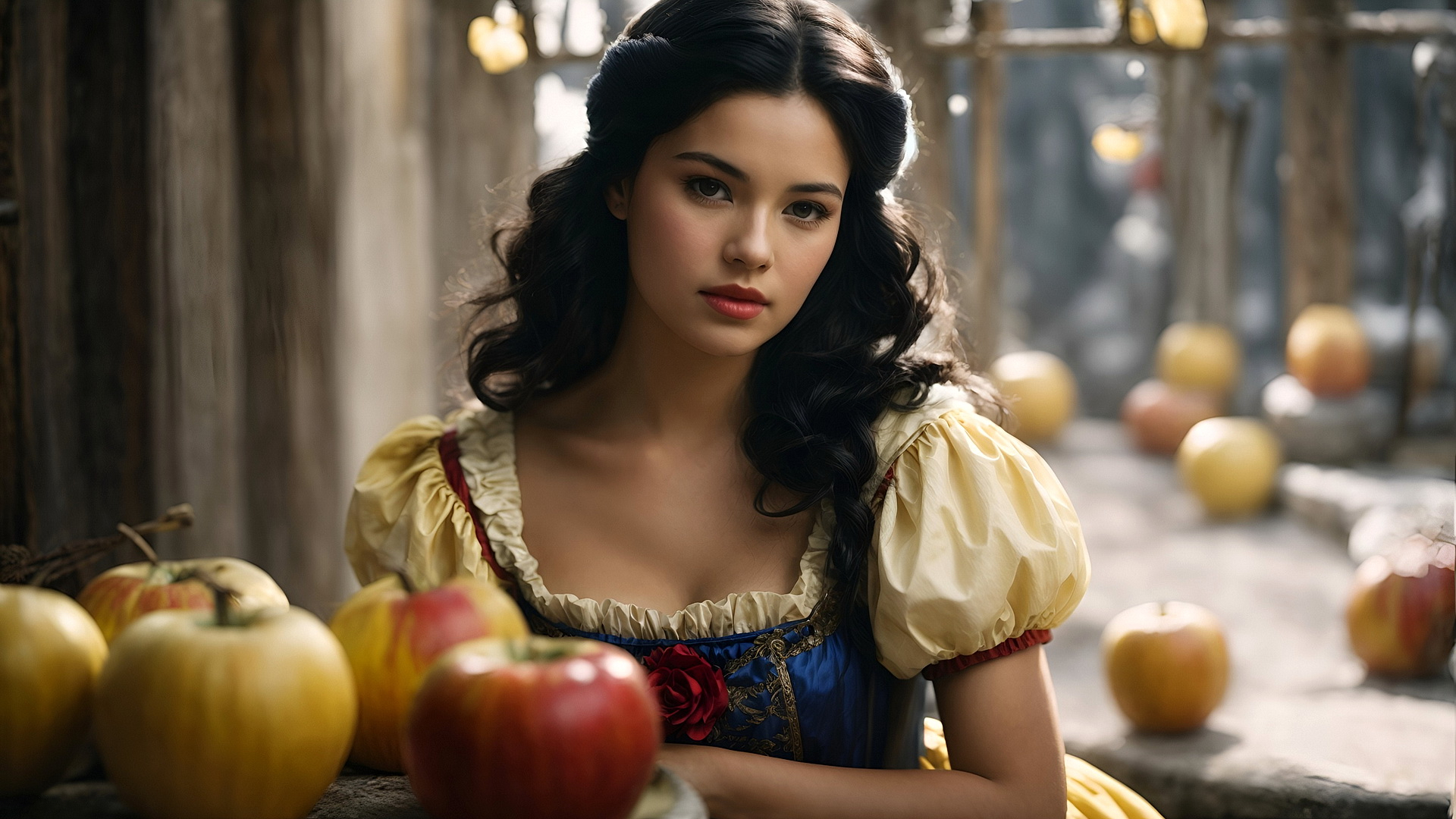 Free photo A brunette girl in a dress and apples.