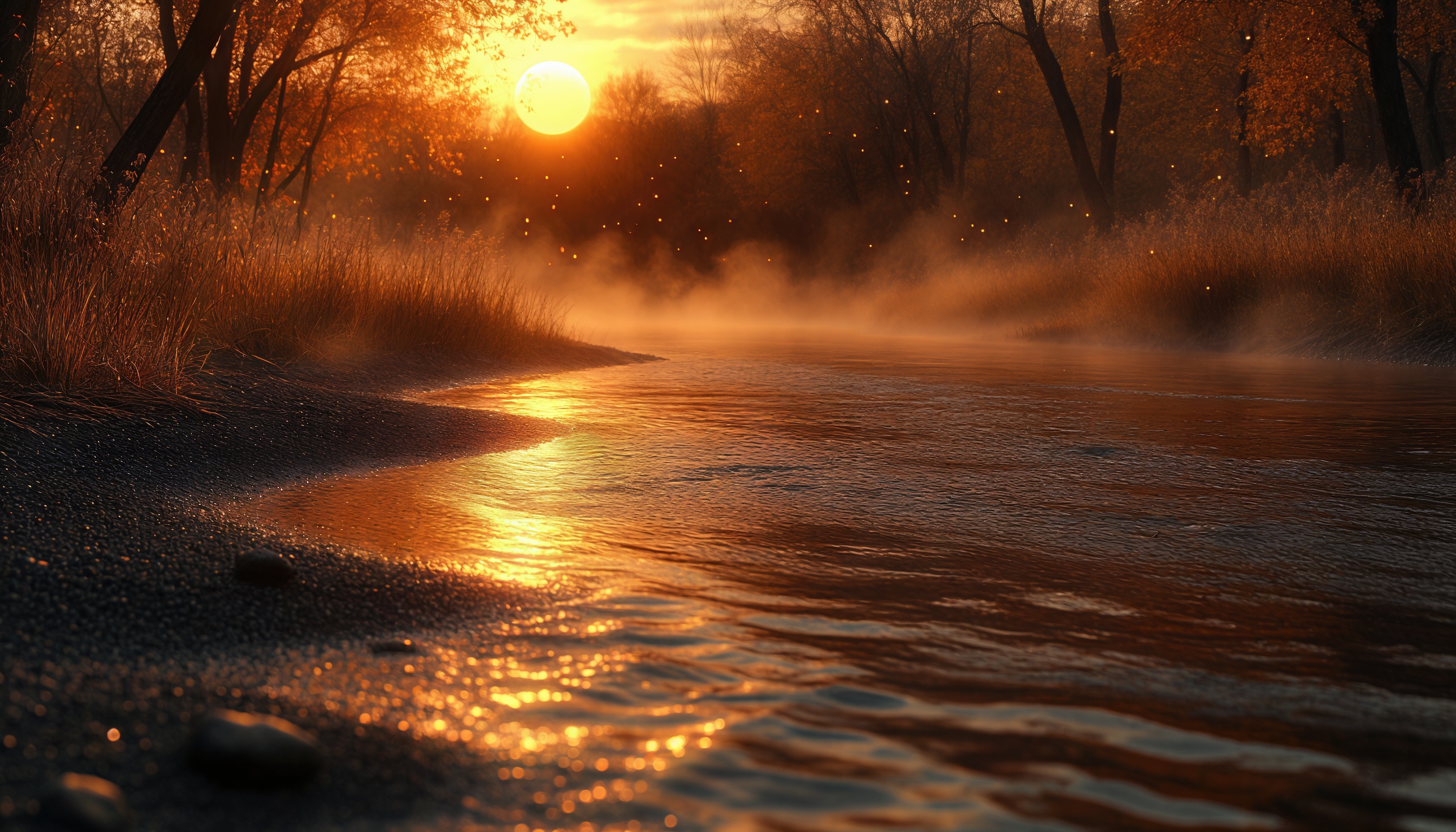 Бесплатное фото Тёплый осенний пейзаж с солнцем, отражающимся в воде, и туманом, окутывающим деревья.