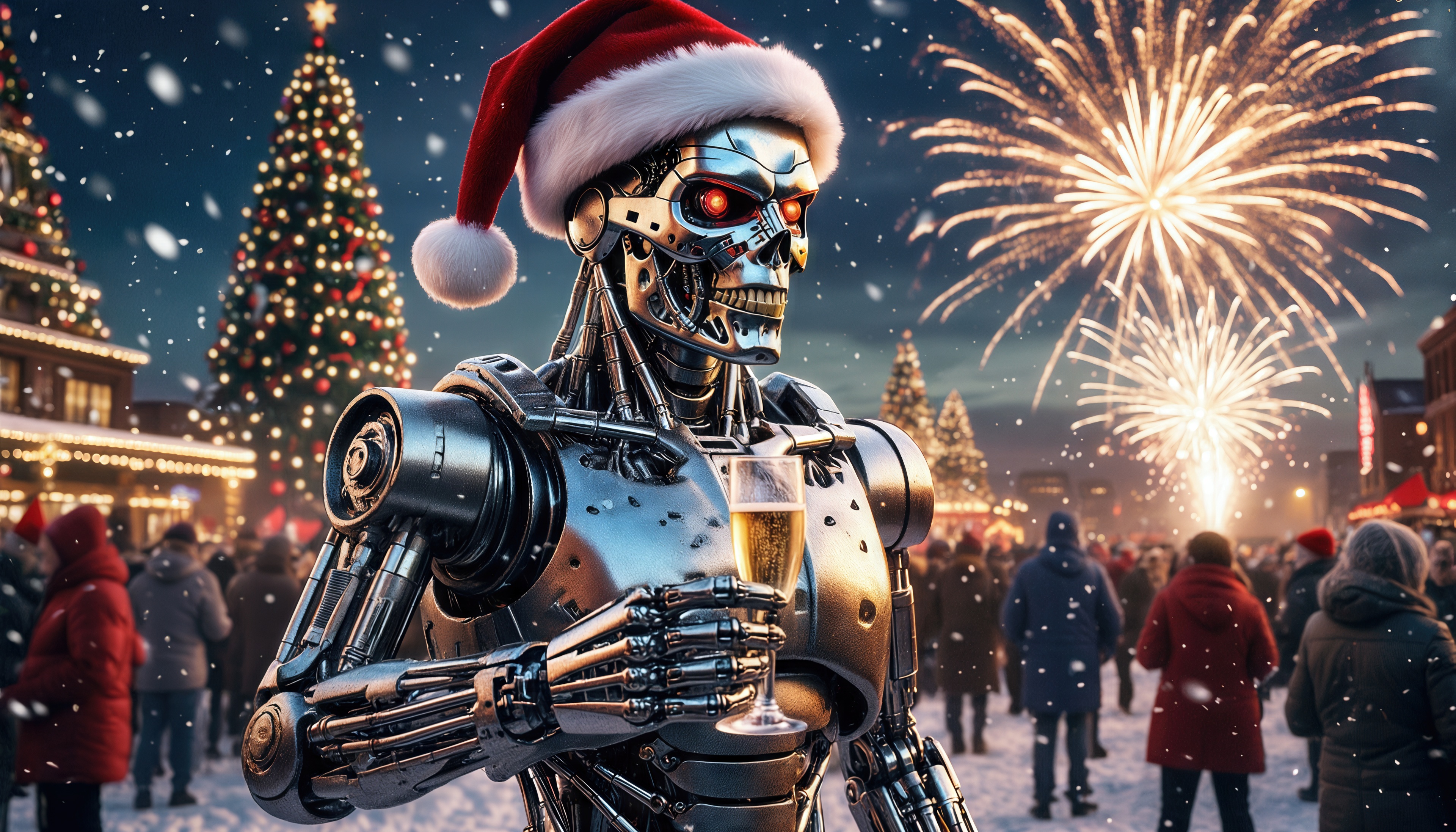 Бесплатное фото Робот-терминатор в шапке Санты наслаждается праздником с бокалом шампанского.