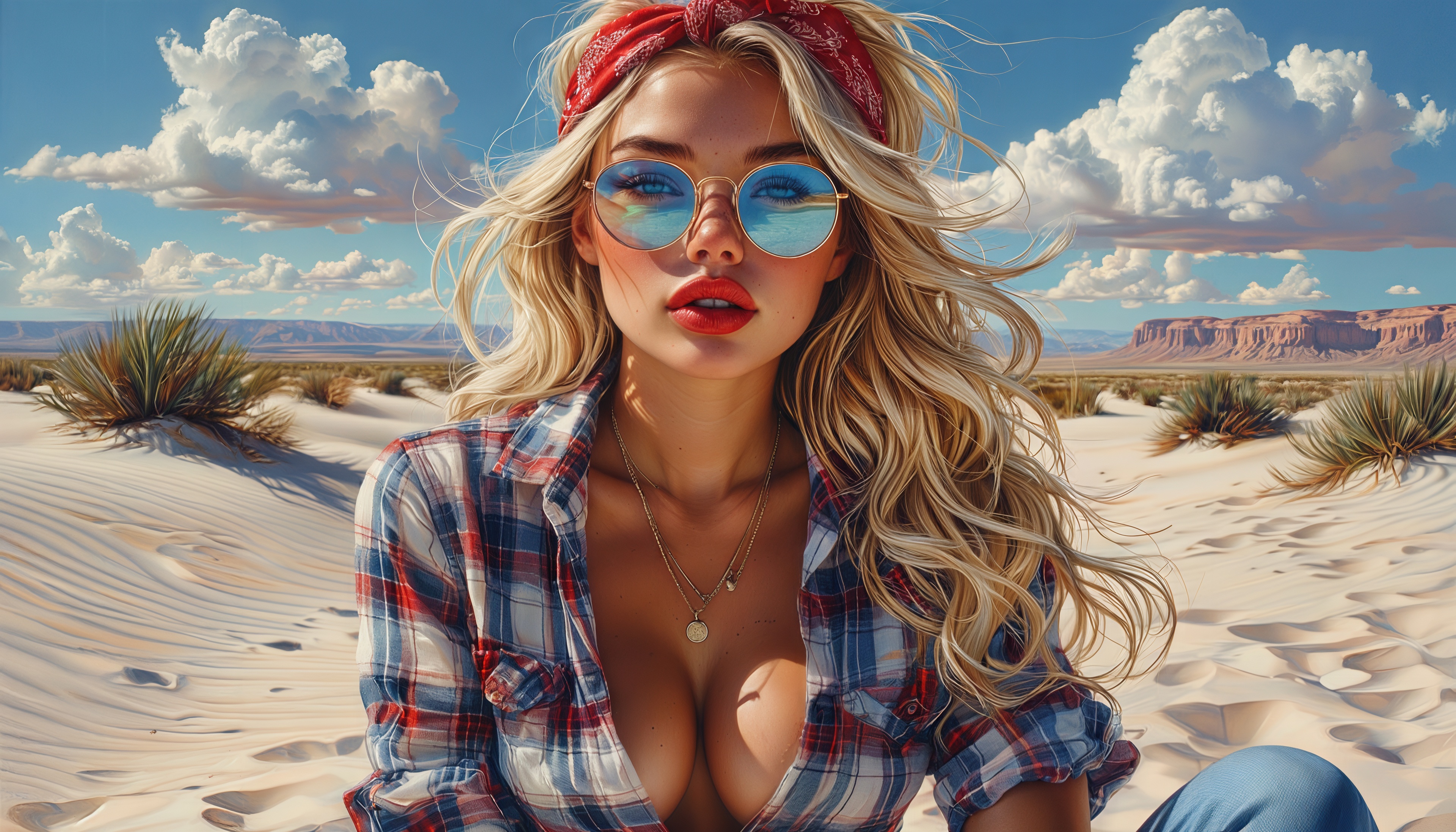 Бесплатное фото Блондинка в клетчатой рубашке позирует на фоне пустынных дюн, ветер играет в её волосах.