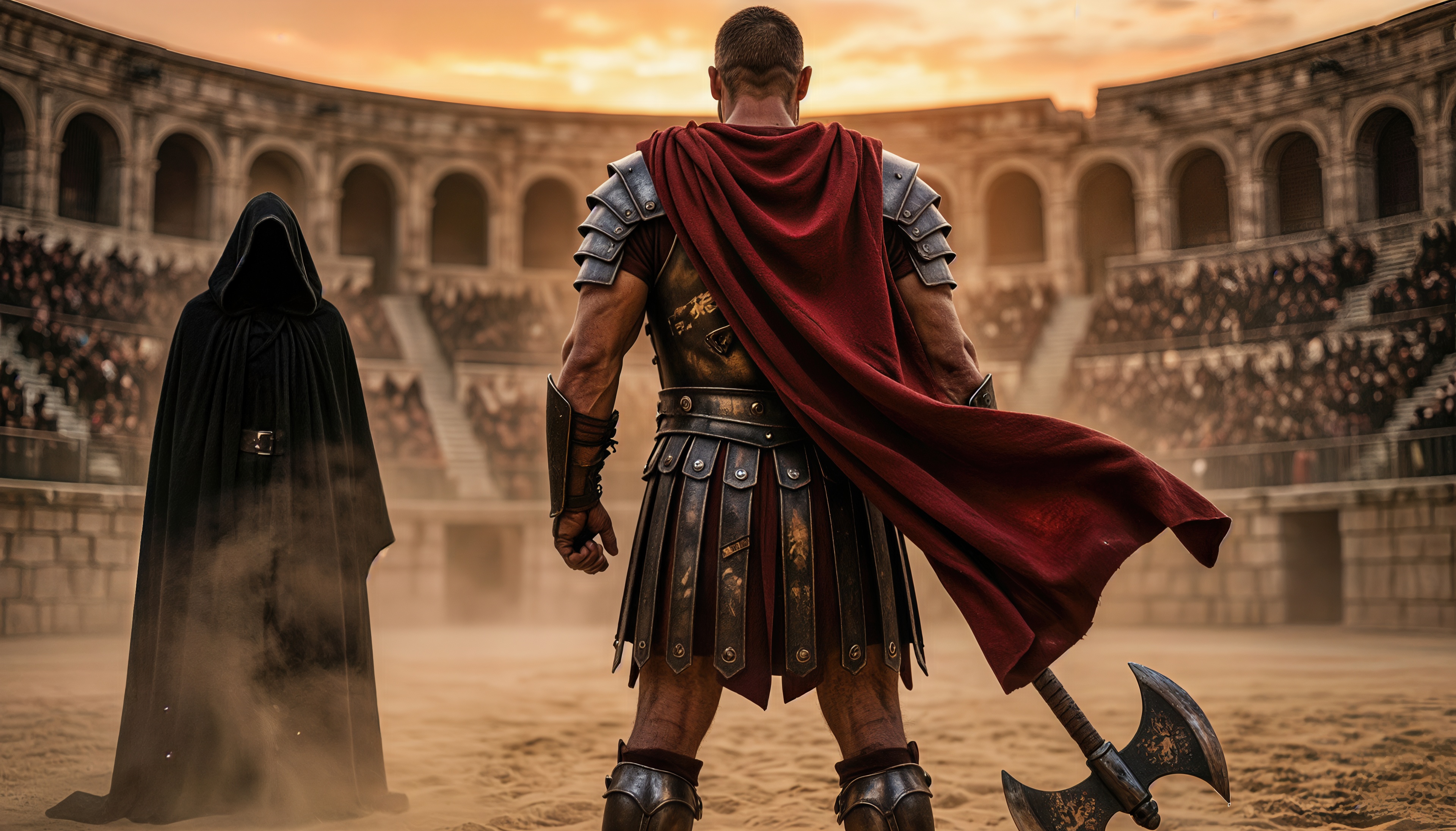 Free photo A Roman gladiator with a heavy axe stands on the sandy arena of the Colosseum in front of a mysterious figure in a black cloak.