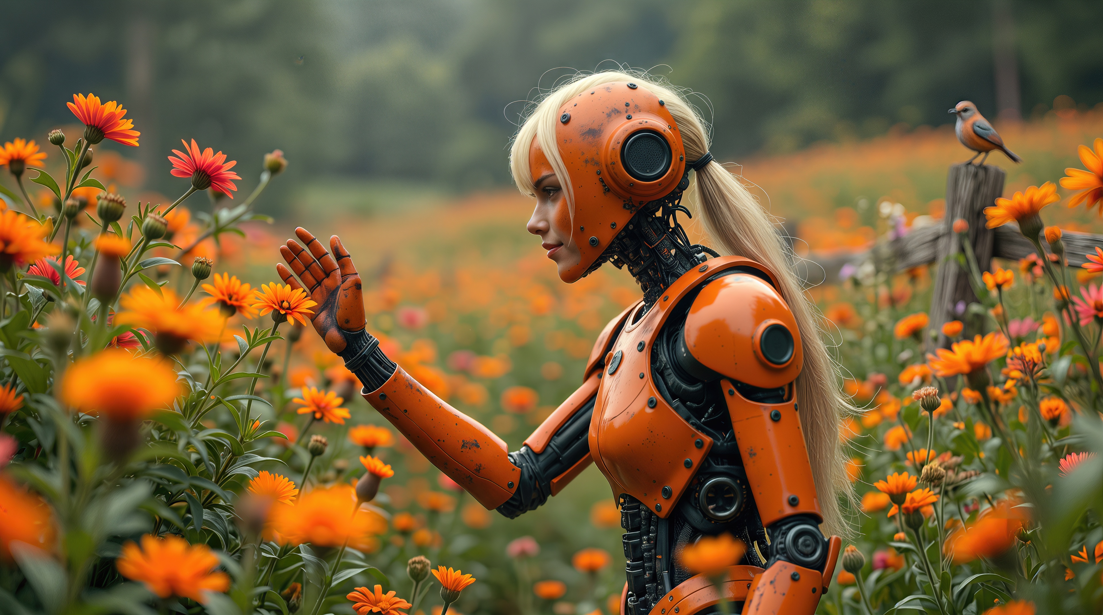 Free photo Aesthetic sci-fi art: a mechanical girl in a flower meadow next to a bird.