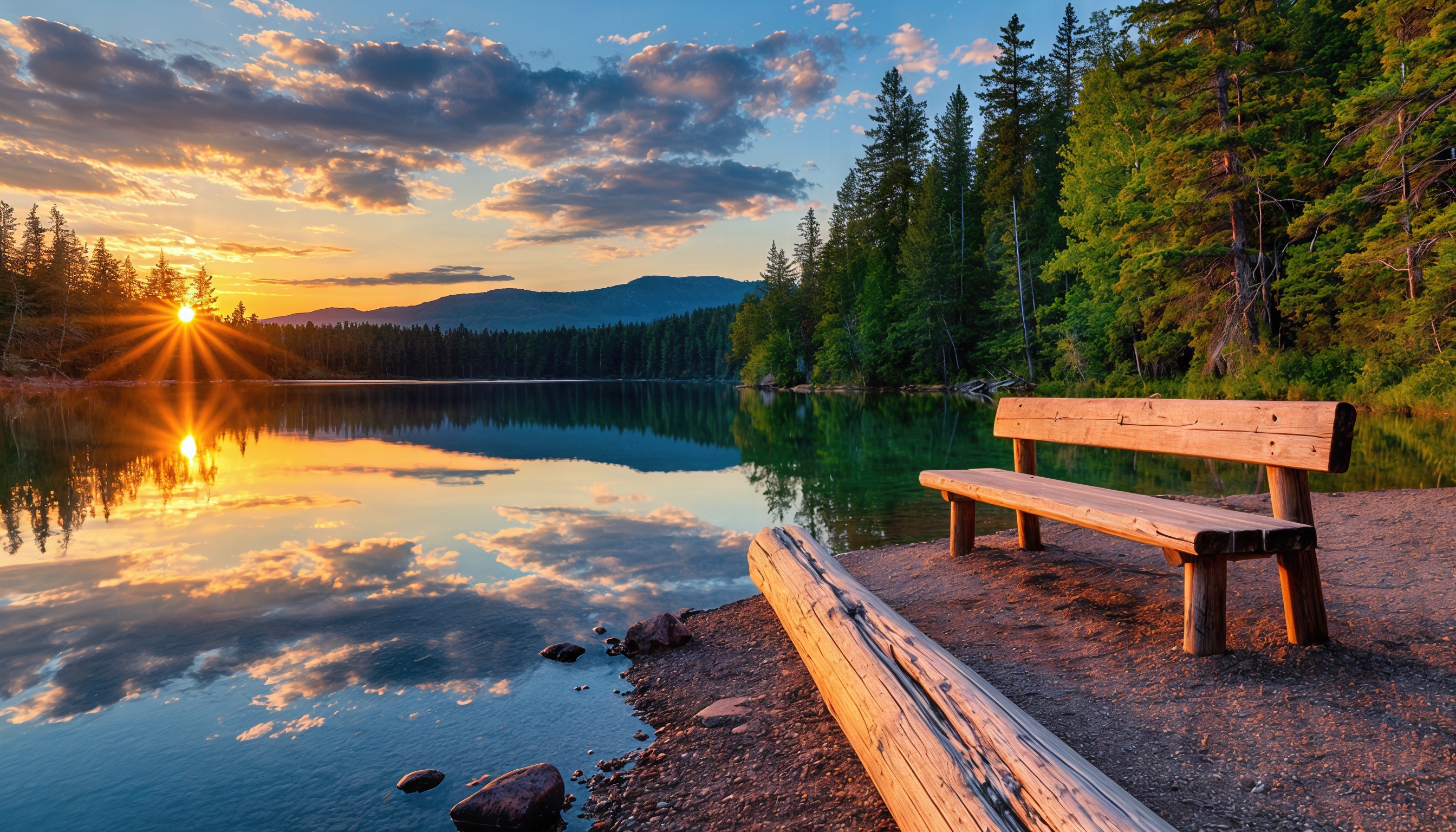 Бесплатное фото Красота заката над озером с отражением солнца и неба на воде, деревянной скамьёй на переднем плане и деревьями вокруг.