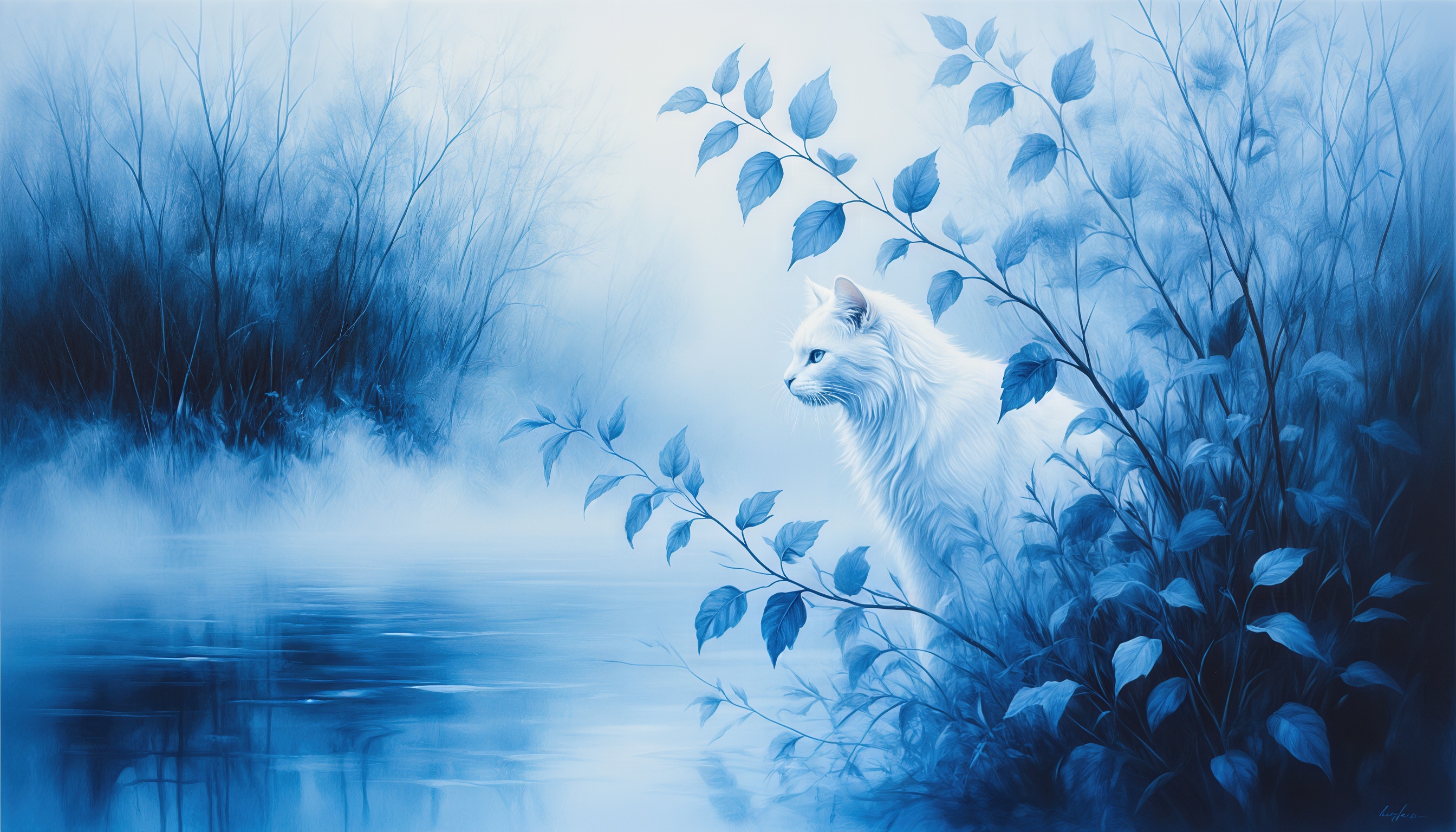 Белый кот с голубыми глазами сидит среди синей растительности на размытом фоне.