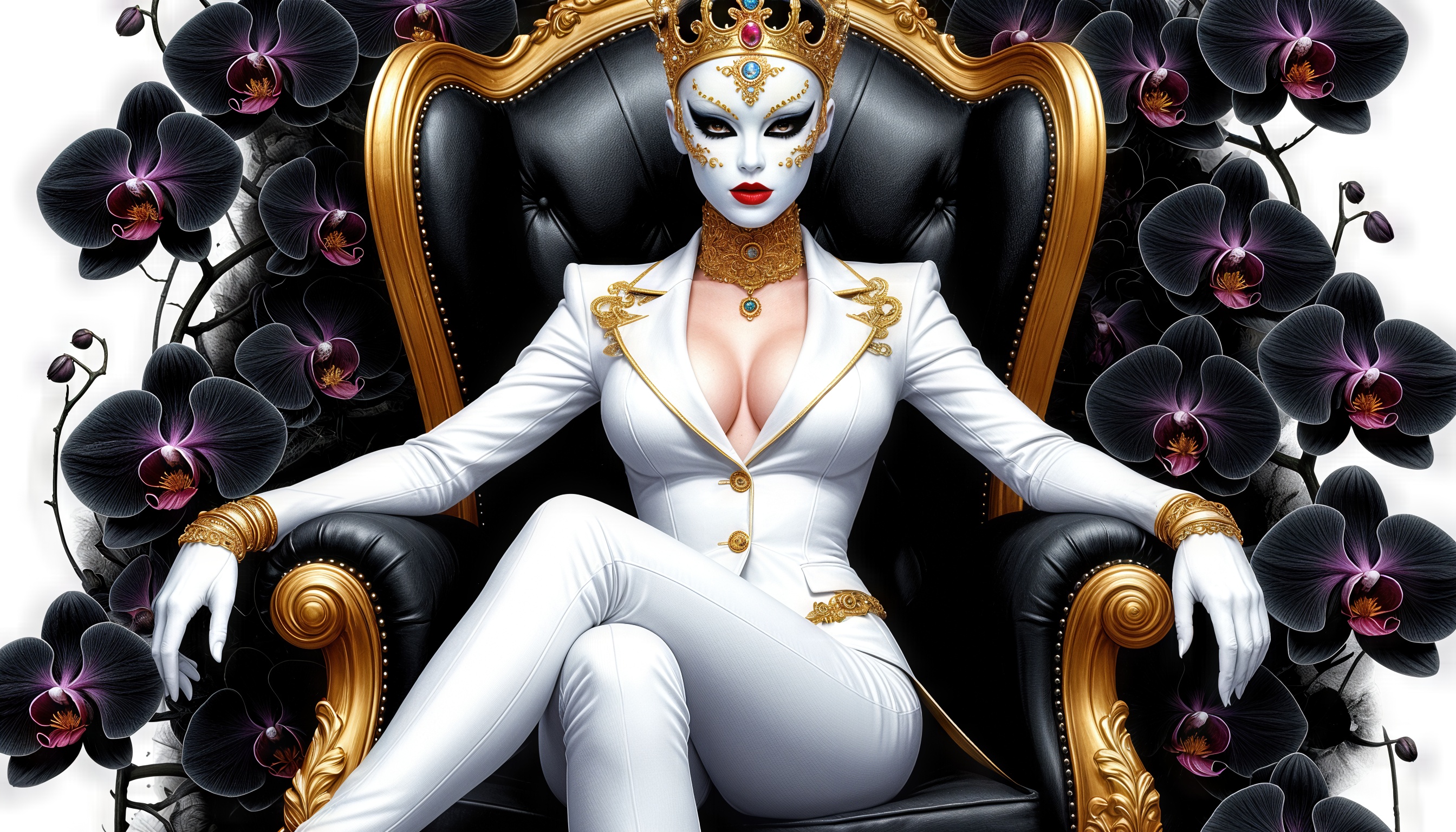 Free photo The queen in a white suit sits on a throne among black orchids.