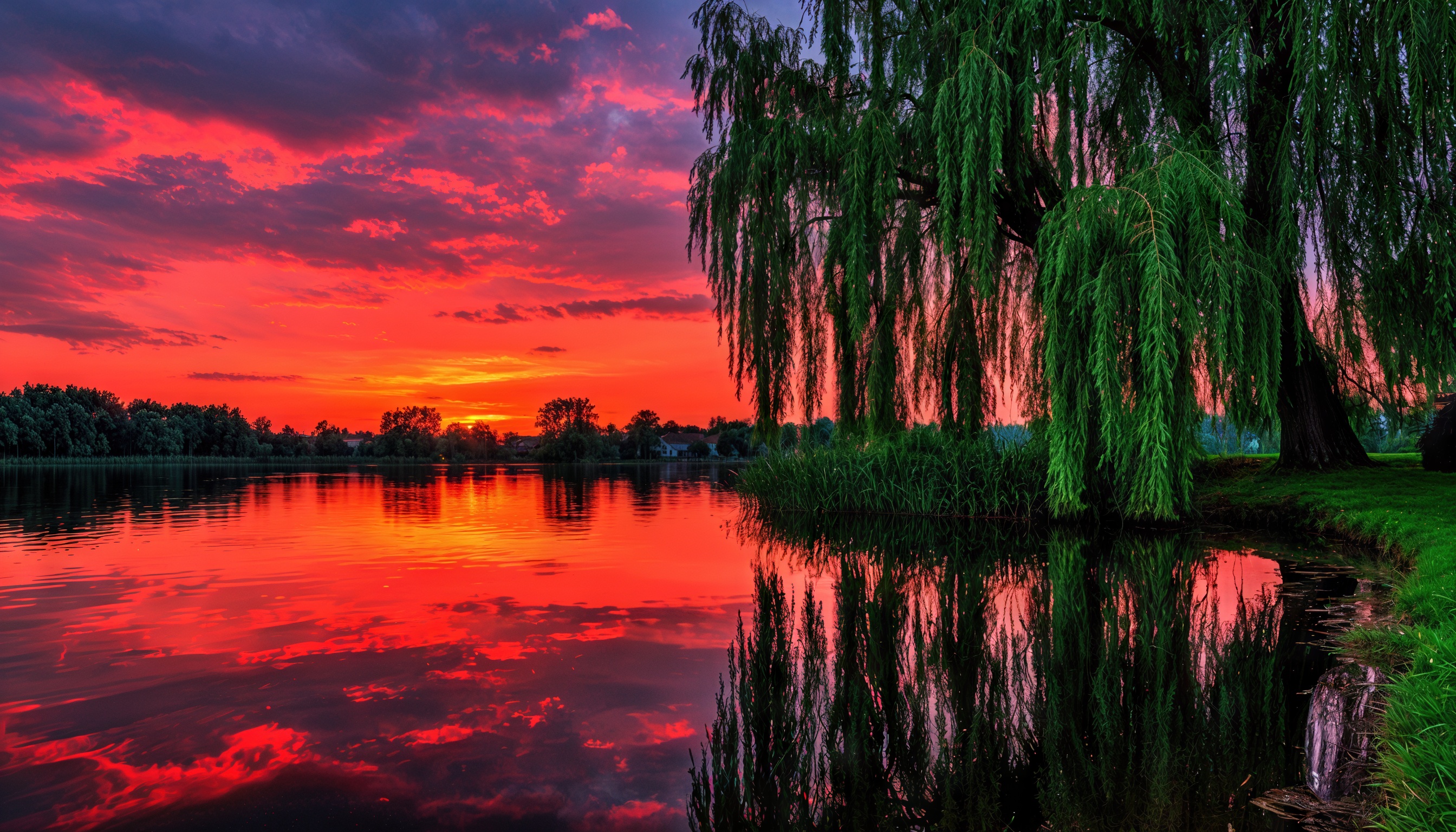 Бесплатное фото Закат над озером с отражением в воде, ивы на берегу и красочное небо.