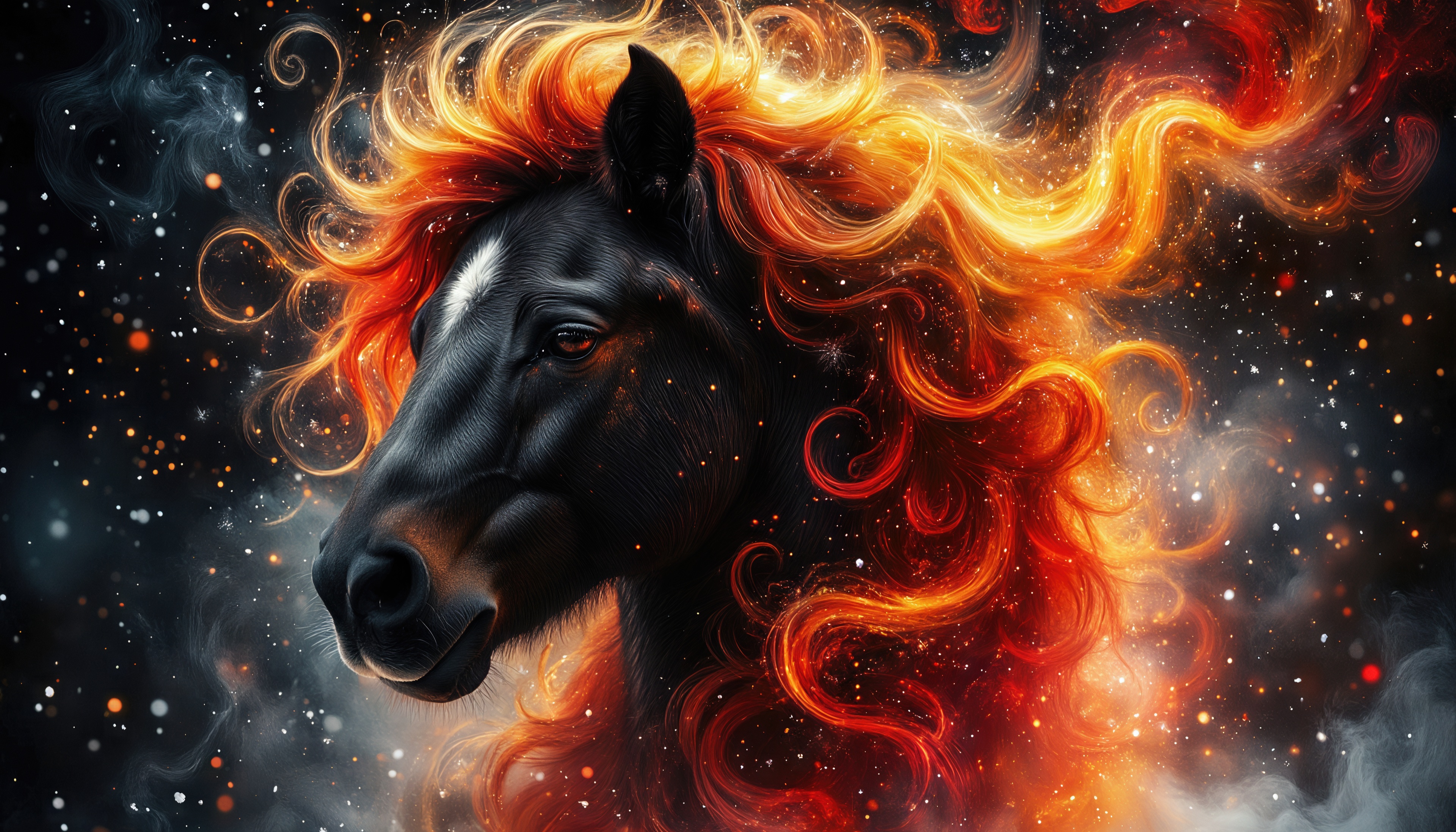 Мистическая лошадь, окутанная вихрем пламени и искр.