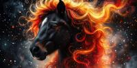 Мистическая лошадь, окутанная вихрем пламени и искр.