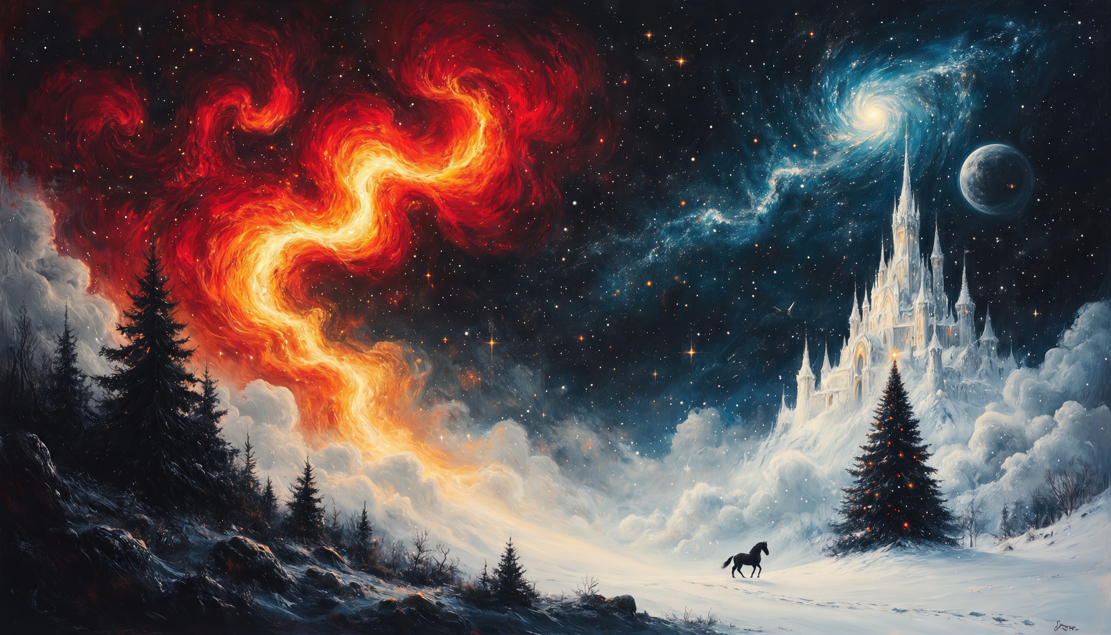 Бесплатное фото Ёлка сверкает огнями у зимнего замка, лошадь символизирует наступление Нового года.