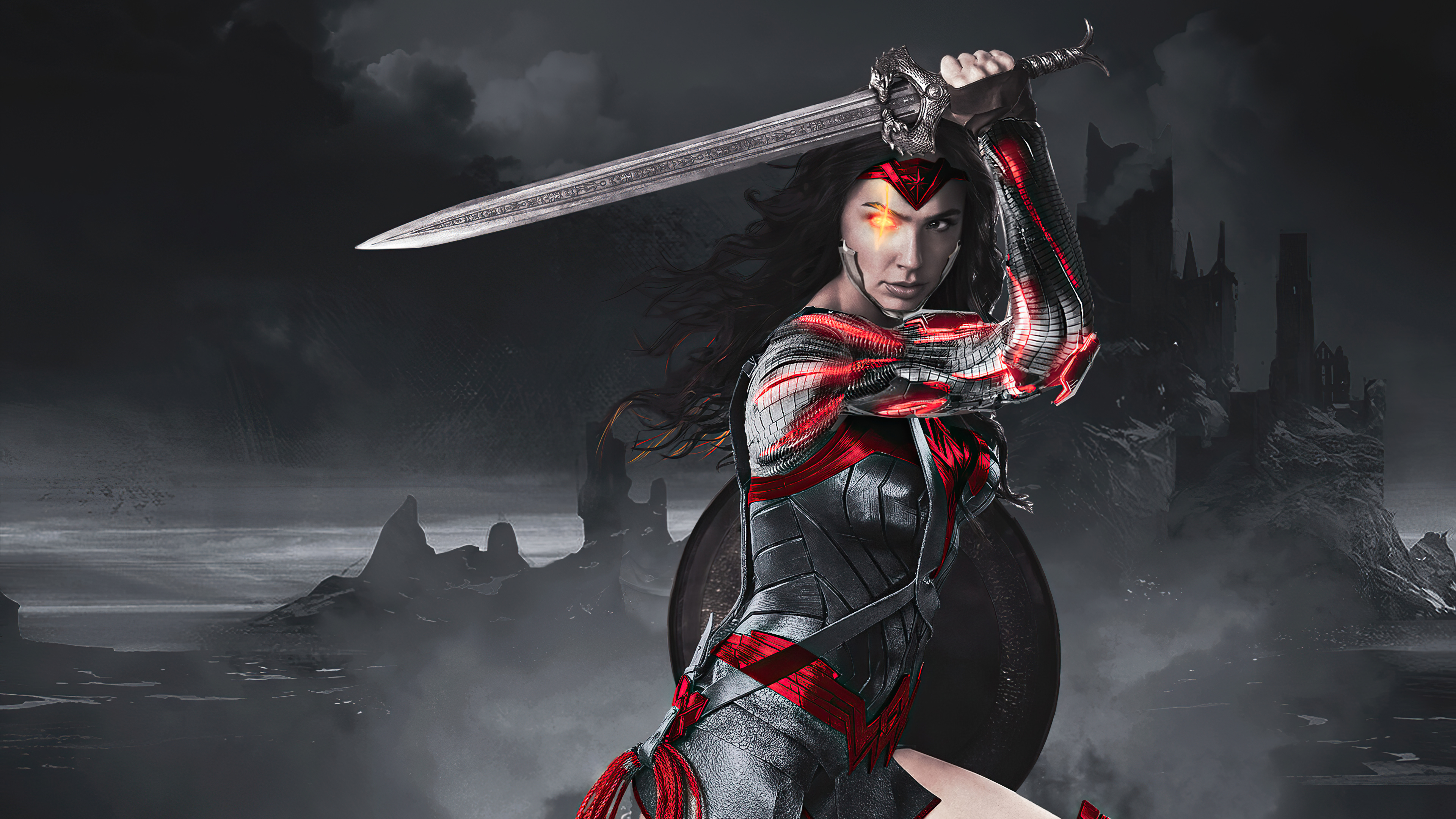 Free photo Wonder Woman with a big sword in a super costume.