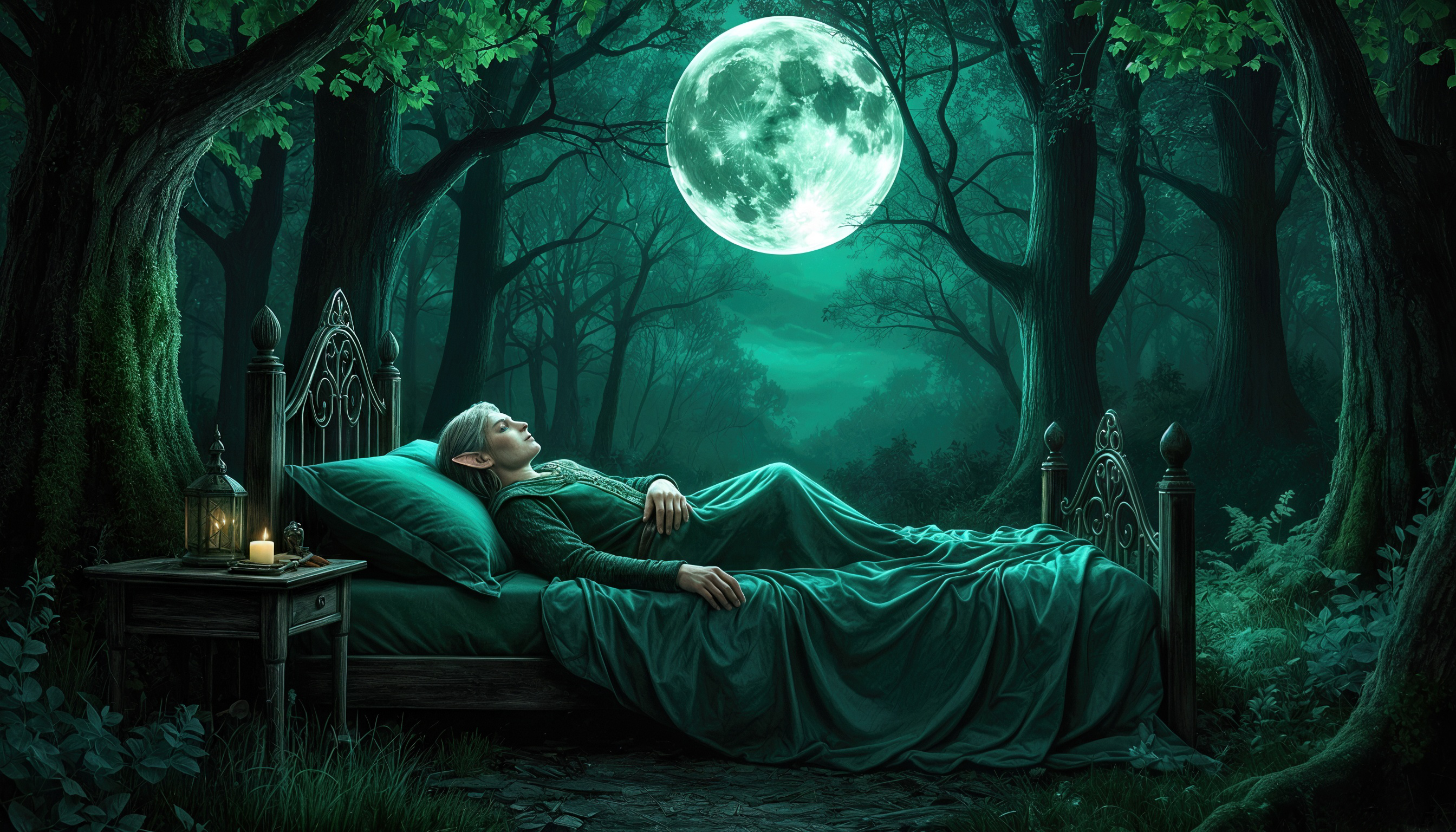 Бесплатное фото Эльф спит на кровати в лесу под светом огромной луны, создавая мистическую атмосферу.