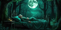 An elf sleeps on a bed in the forest under the light of a huge moon, creating a mystical atmosphere.