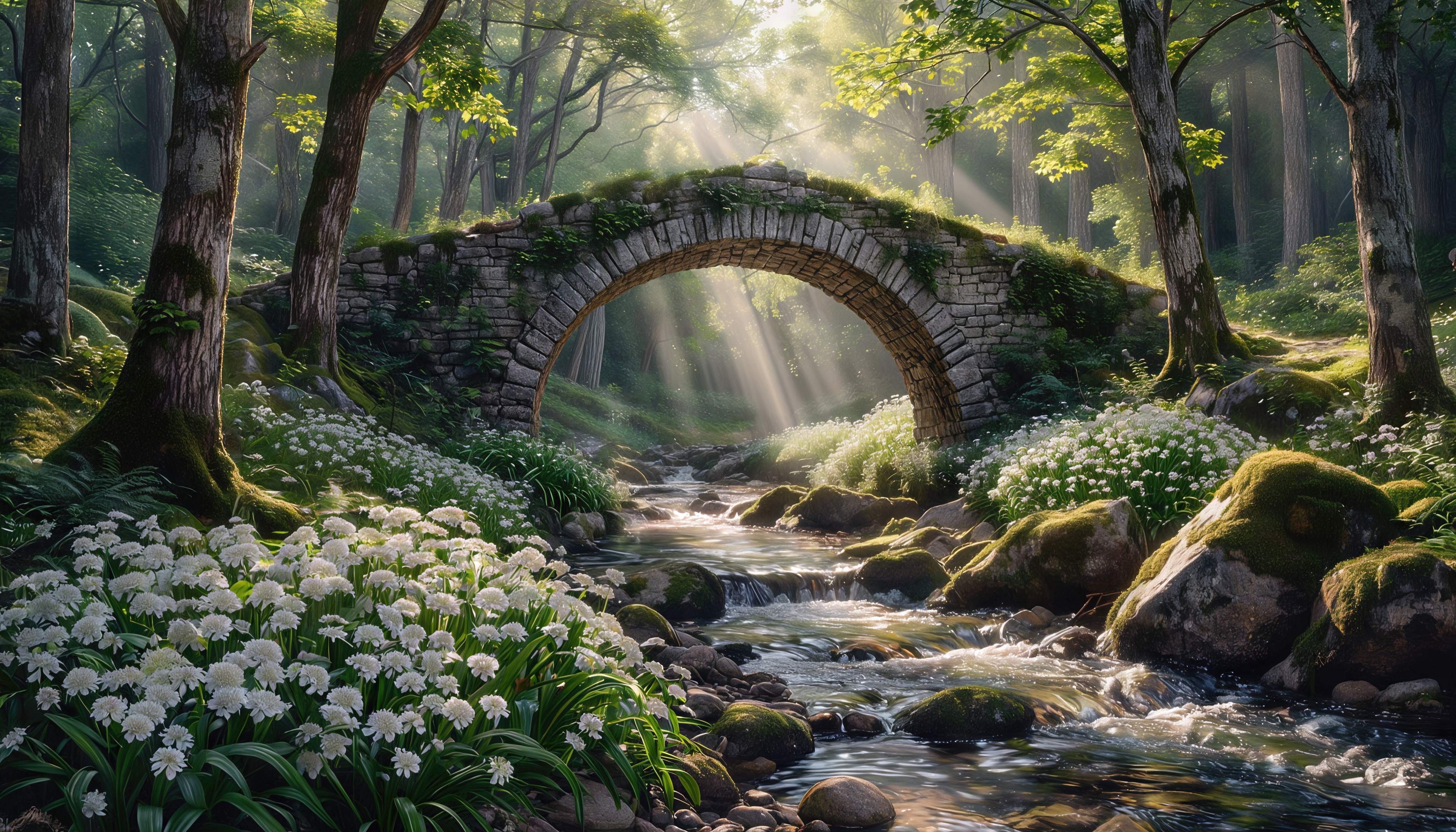 Бесплатное фото Каменный мост над журчащим ручьём в солнечном лесу, окружённый белыми цветами.