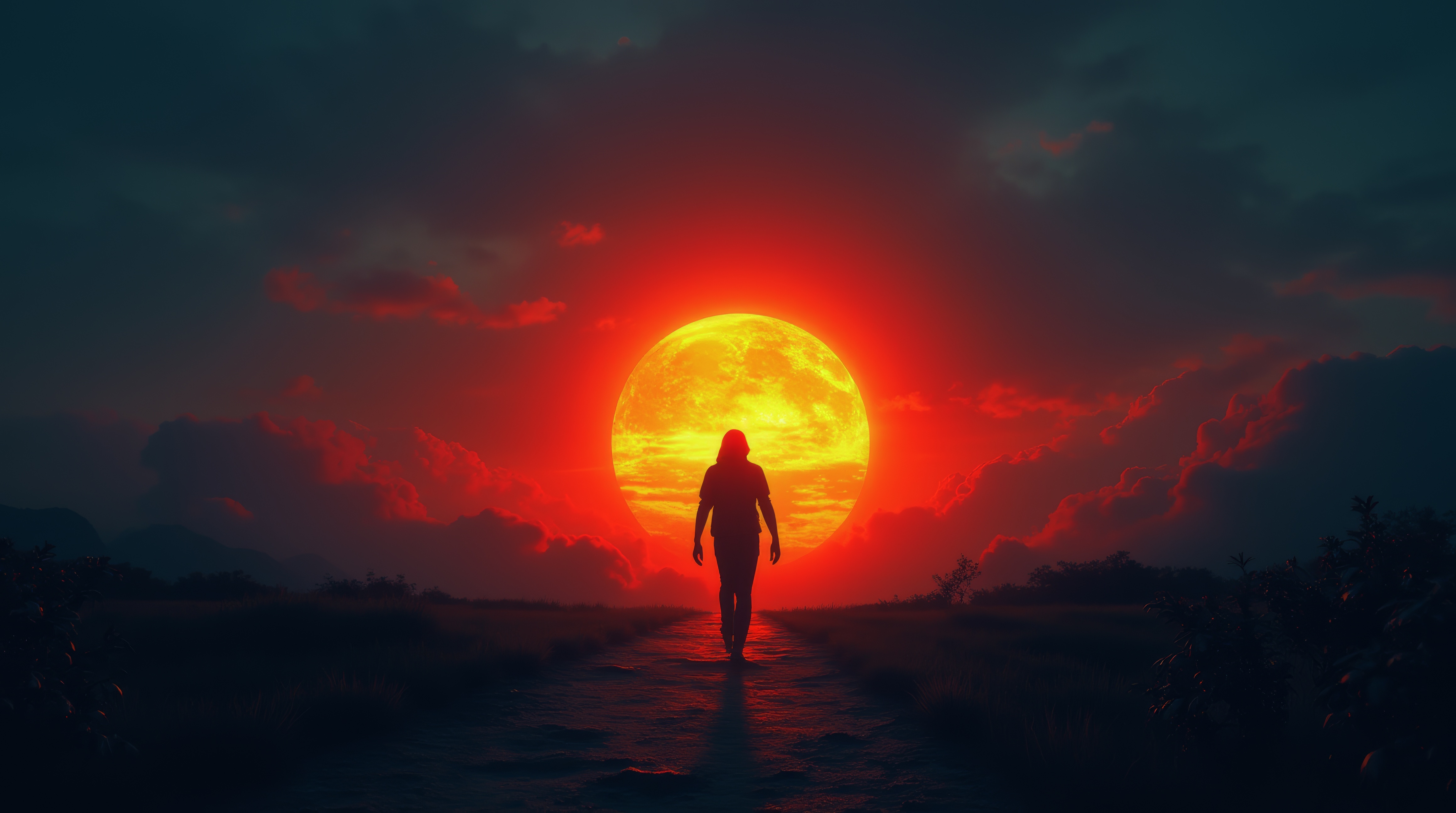 Человек стоит на дороге на закате