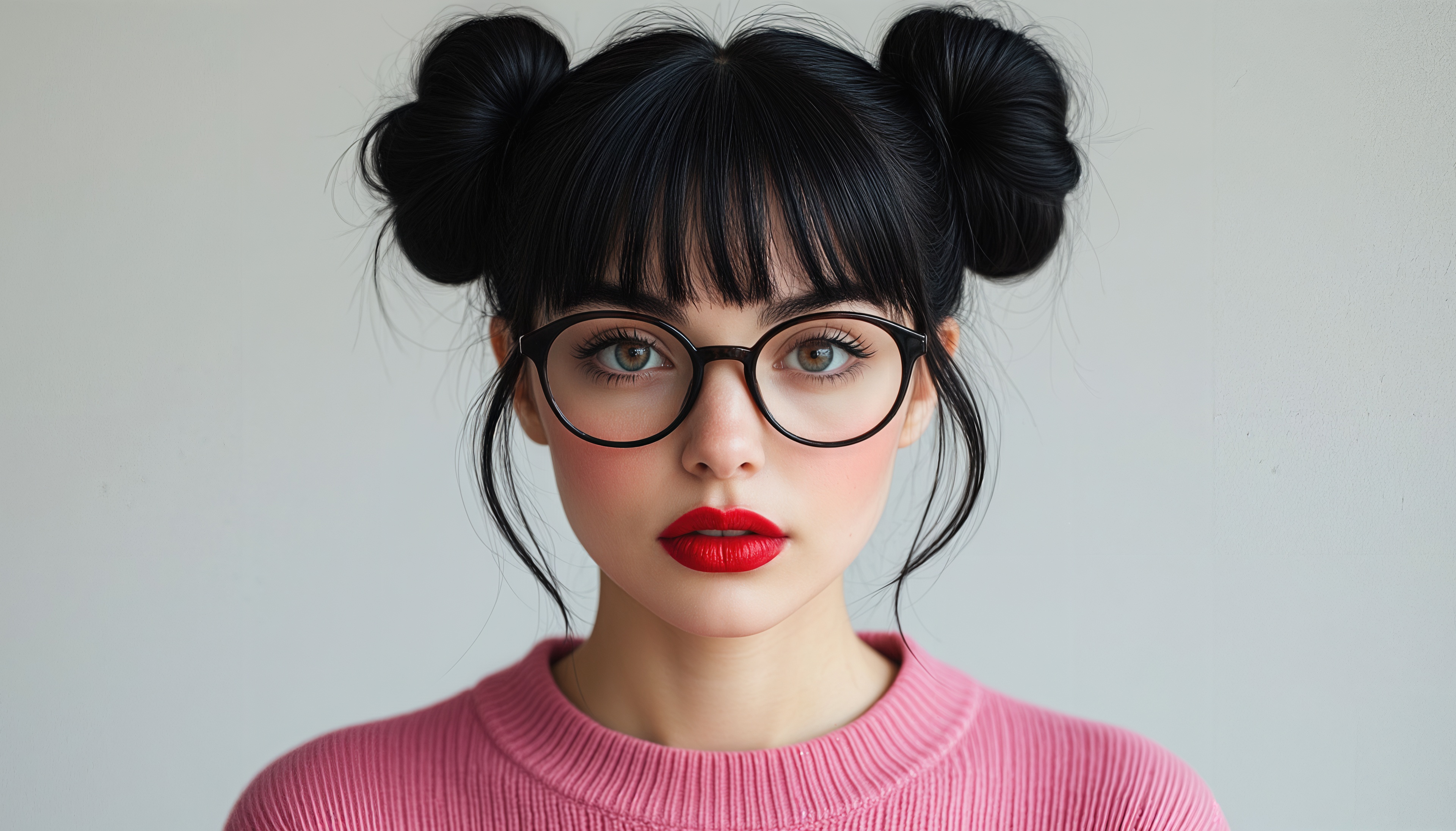 Free photo A girl in round glasses and a pink sweater with two buns on her head looks directly at the camera.
