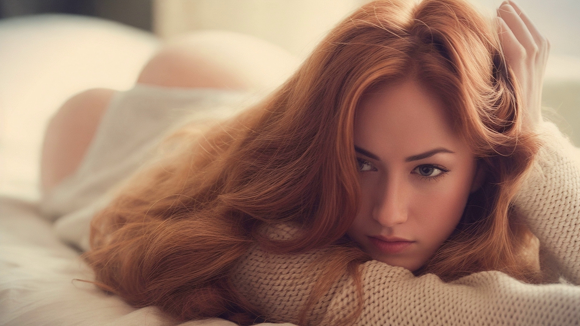 Free photo Model Jenny Osullivan is lying on the bed.