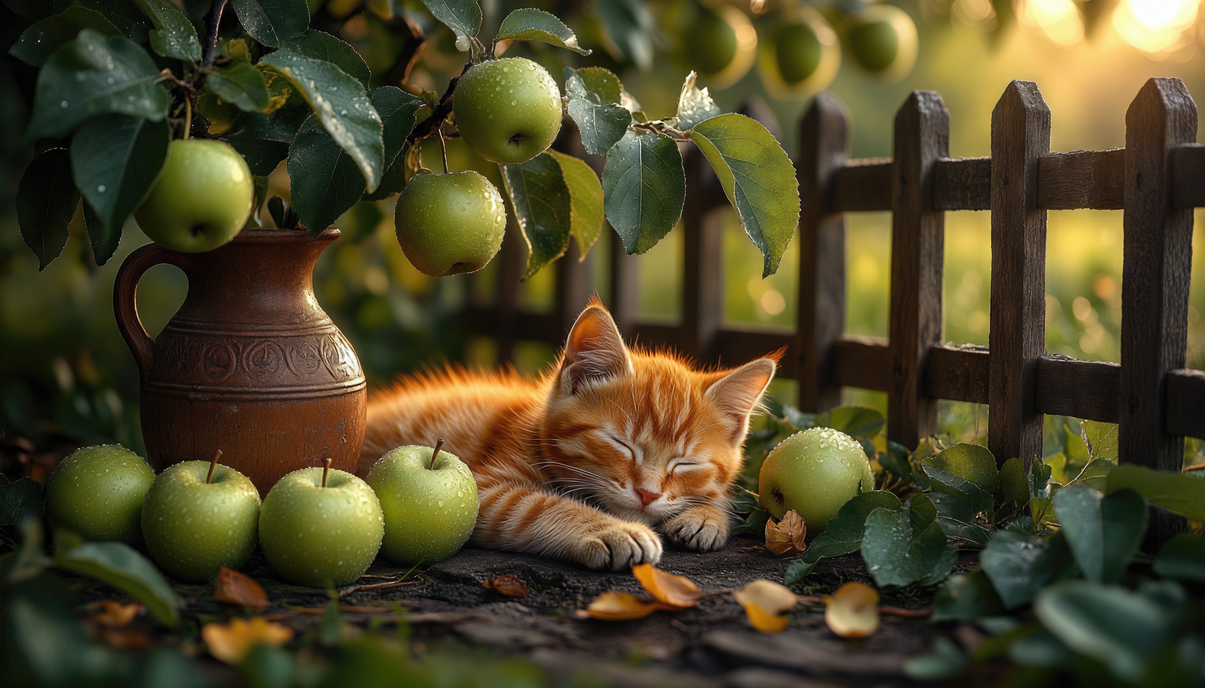 Бесплатное фото Рыжий котёнок сладко спит под яблоней среди зелёных яблок.