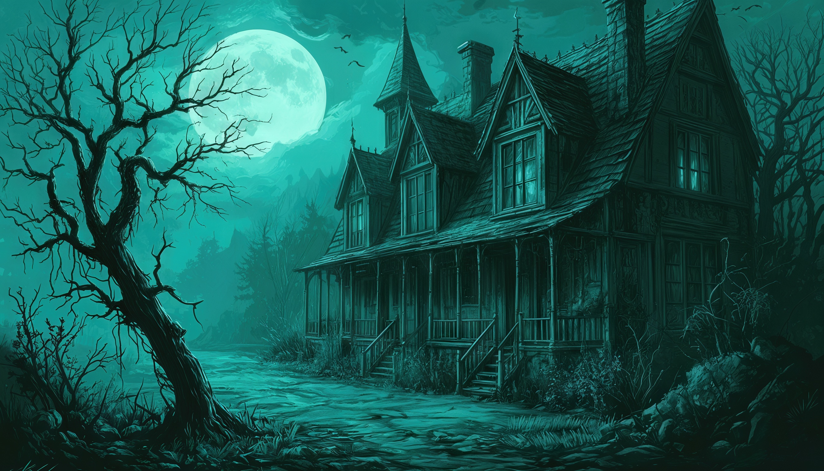 Бесплатное фото Мрачный готический дом в ночи, окруженный голыми деревьями и освещенный лунным светом.