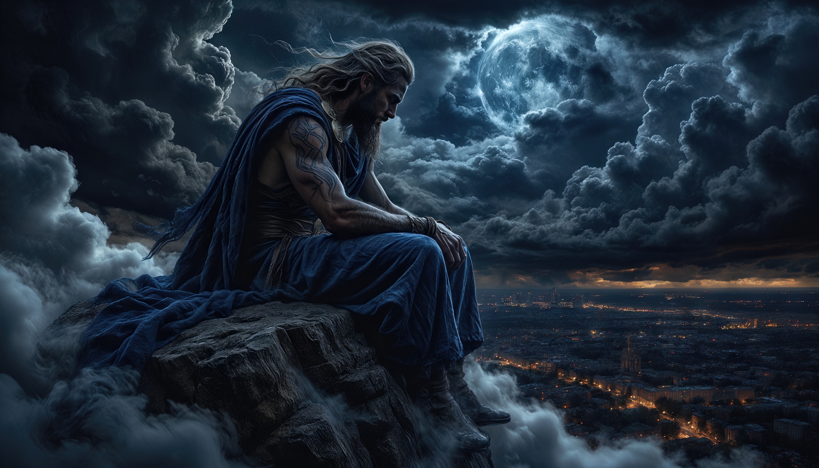 Бесплатное фото Божество в синей мантии сидит на вершине скалы, задумчиво глядя на освещенный город под грозовыми облаками.