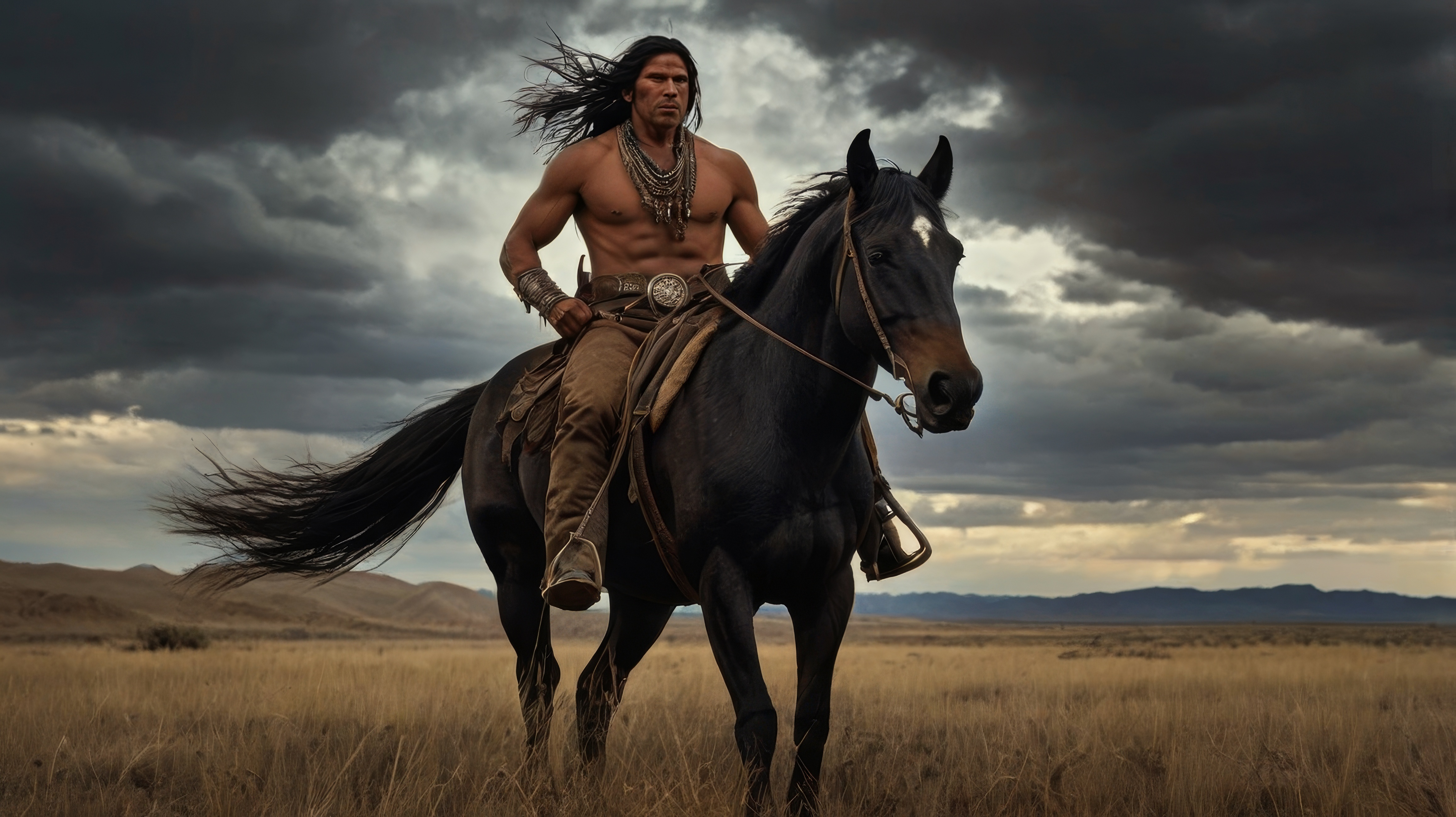 Туземец едет на лошади по открытому полю