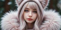 Девушка с голубыми глазами в розовом меховом капюшоне с ушками на размытом фоне.