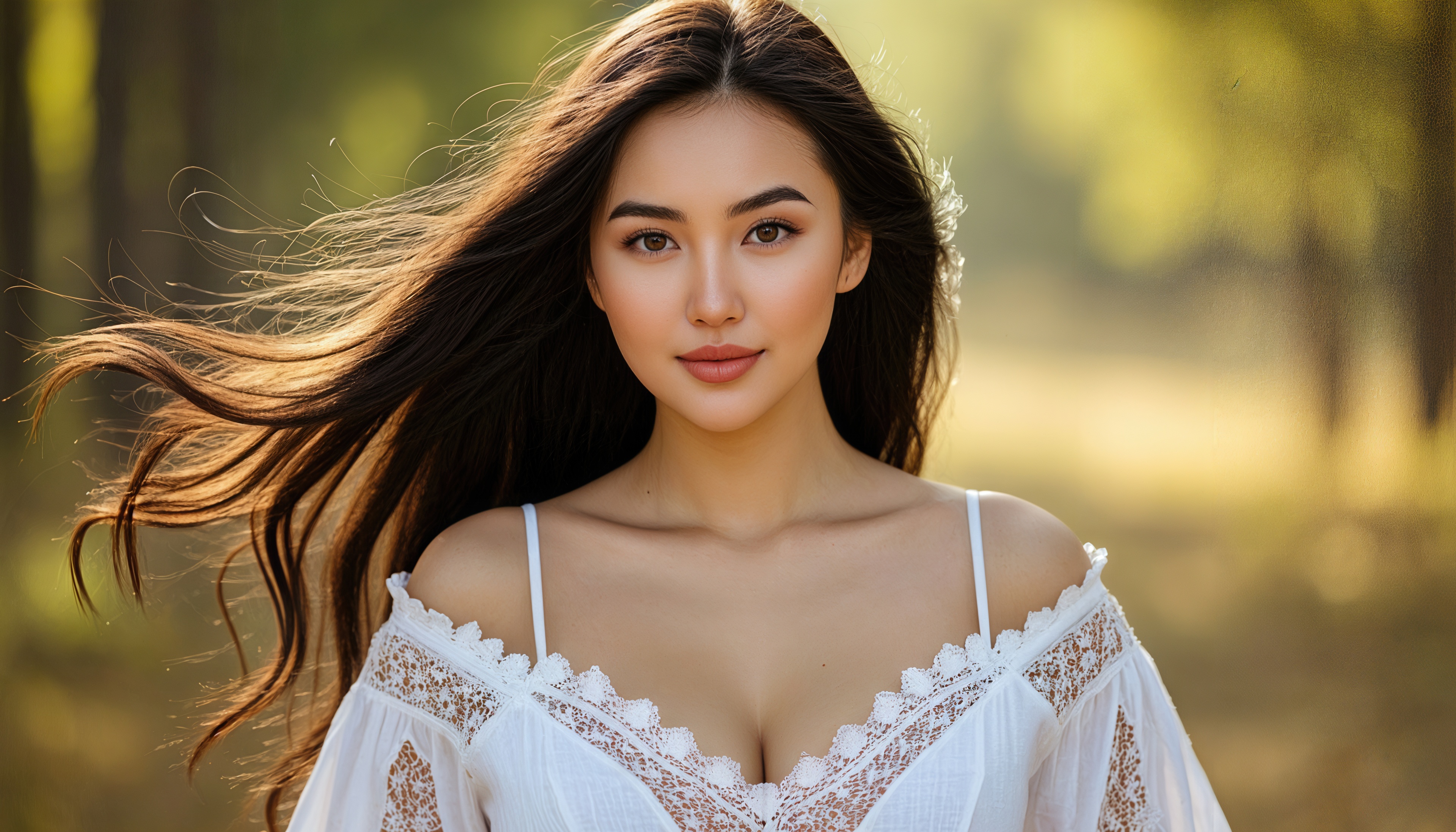 Молодая женщина в белой кружевной блузке на фоне солнечного леса.