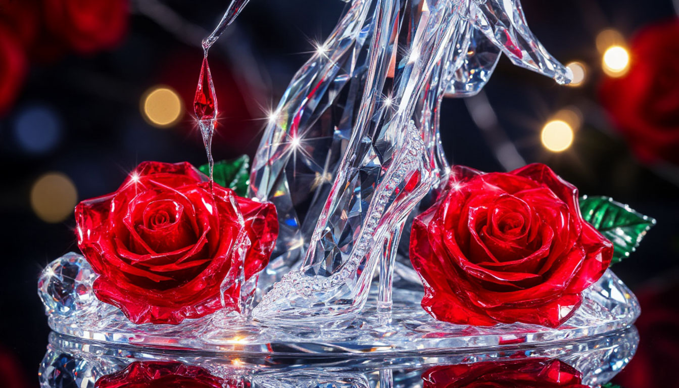Бесплатная открытка Хрустальная туфелька и две красные розы.