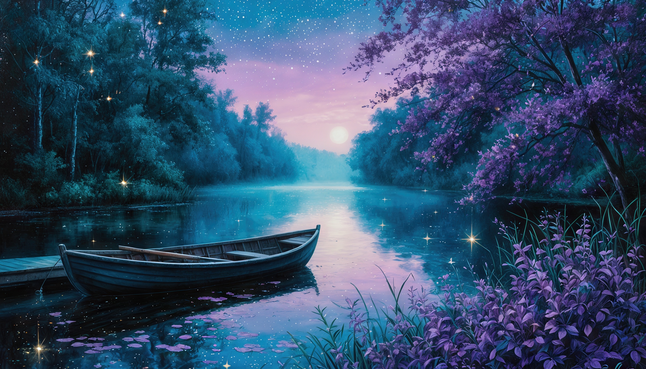 Бесплатное фото Лодка у причала на фоне звёздного неба, фиолетовые цветы и туман над рекой.
