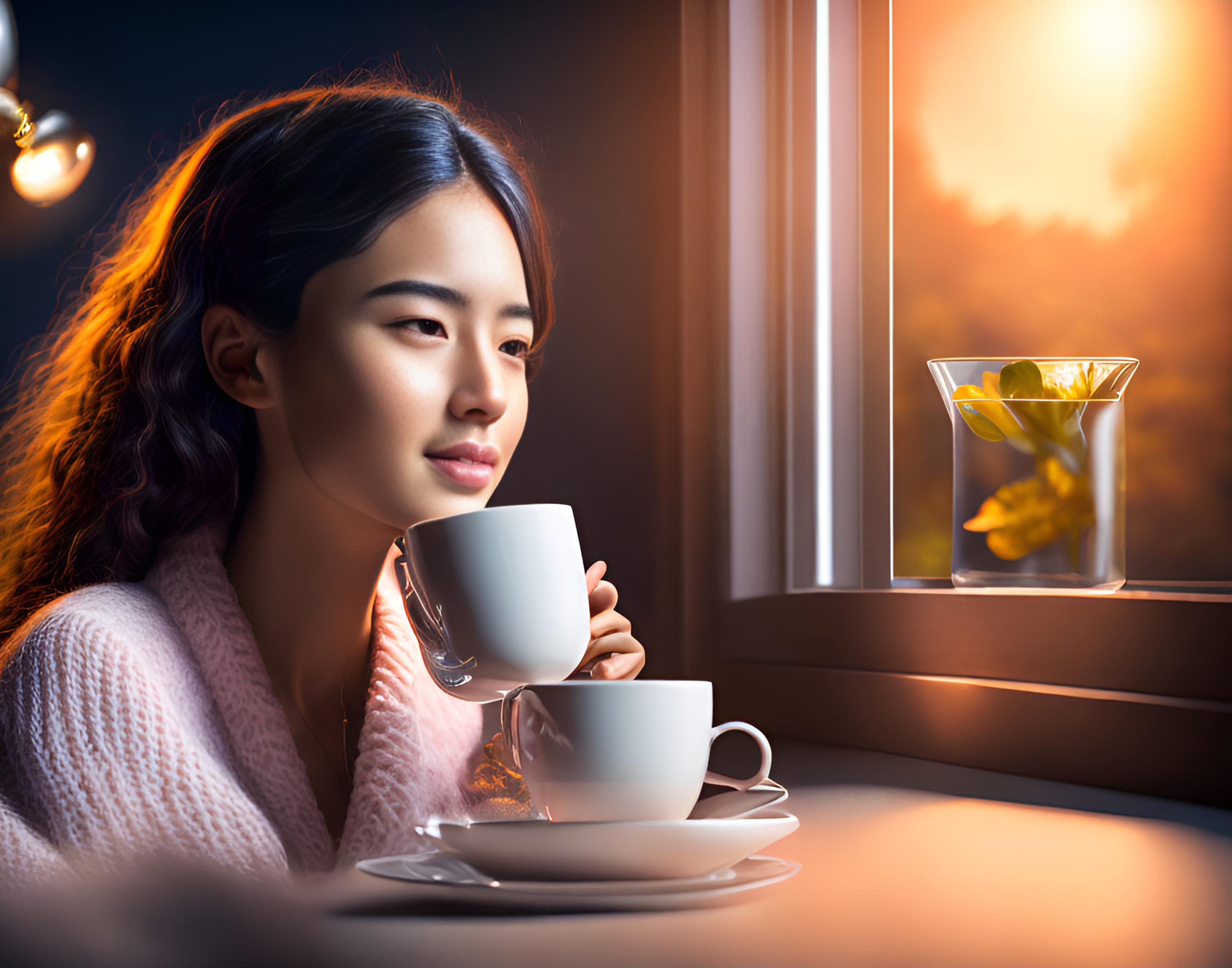 Free photo A girl drinking tea by the window