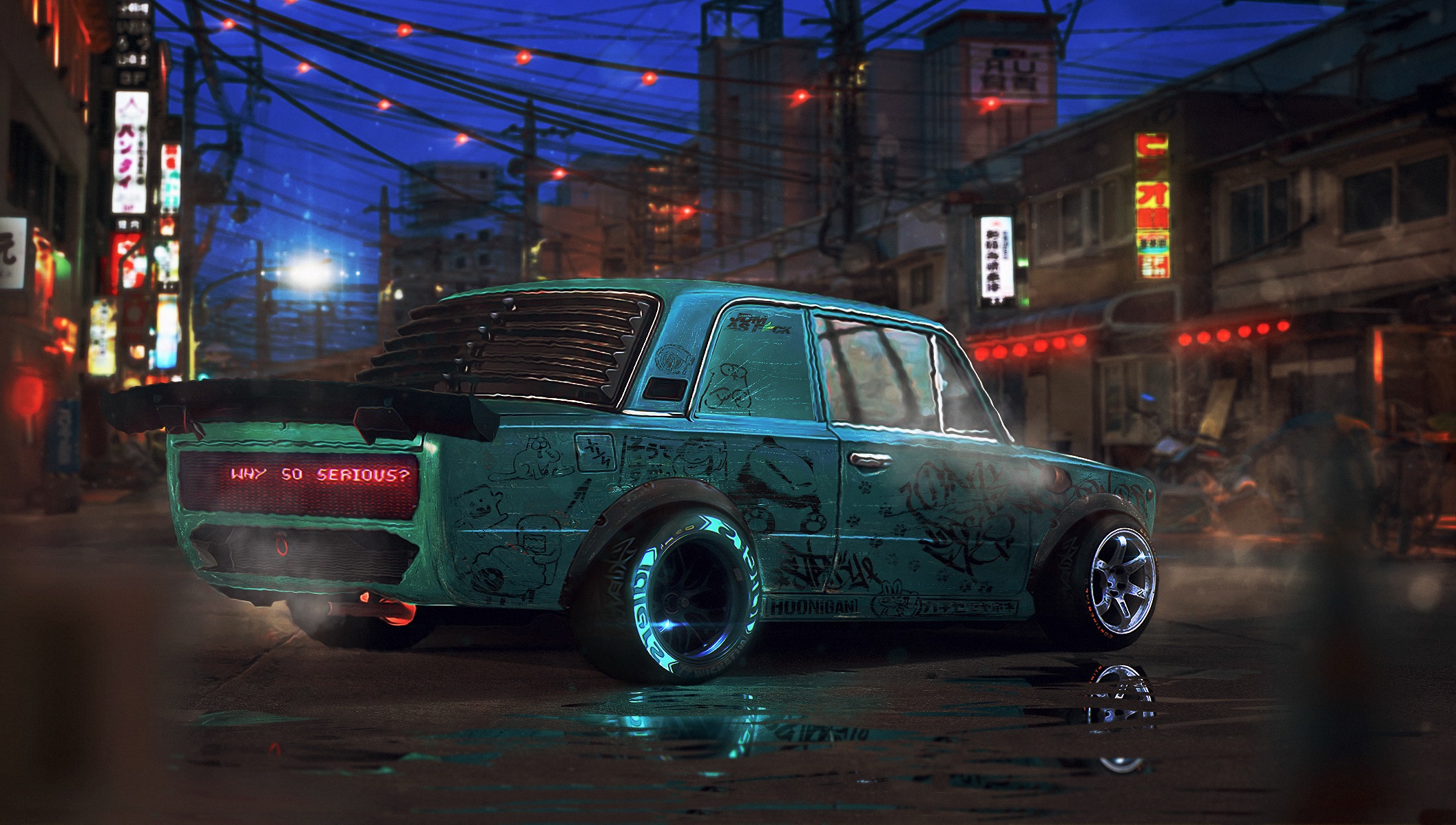 Free photo Cyberpunk style rendering of VAZ 2107 2077