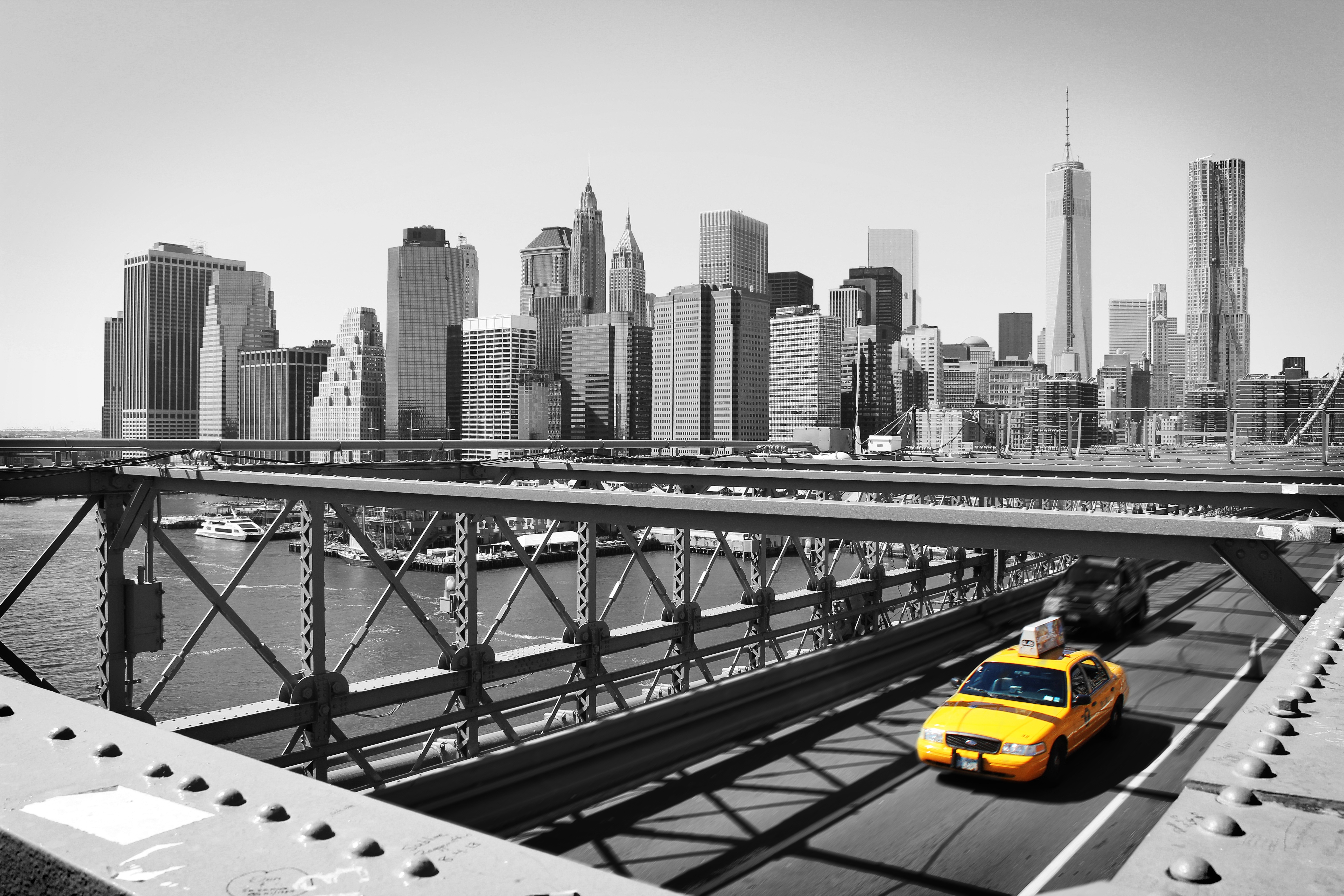 A cab in Manhattan in a monochrome photo