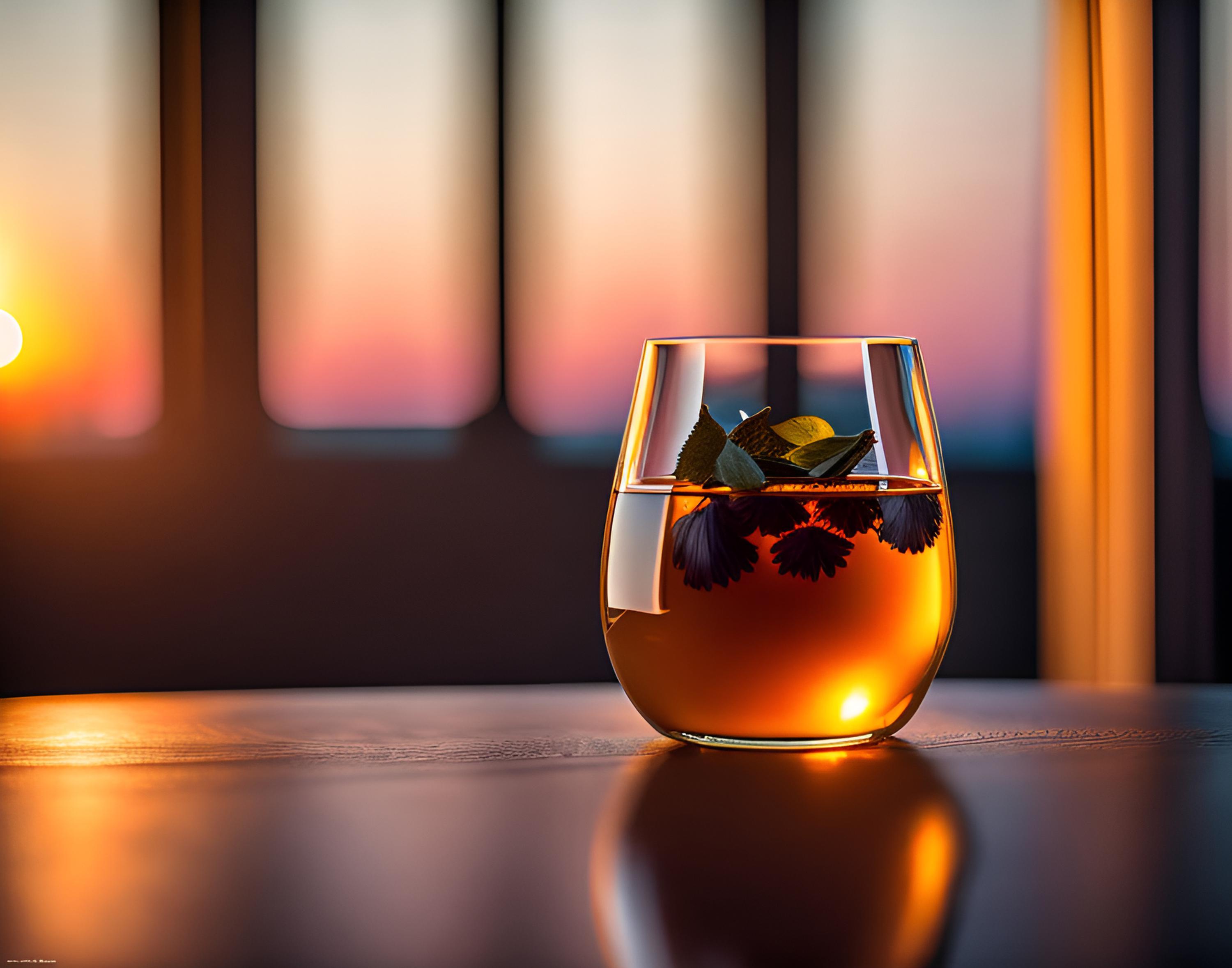 免费照片透明的杯子与茶和叶子在一个模糊的窗口背景上