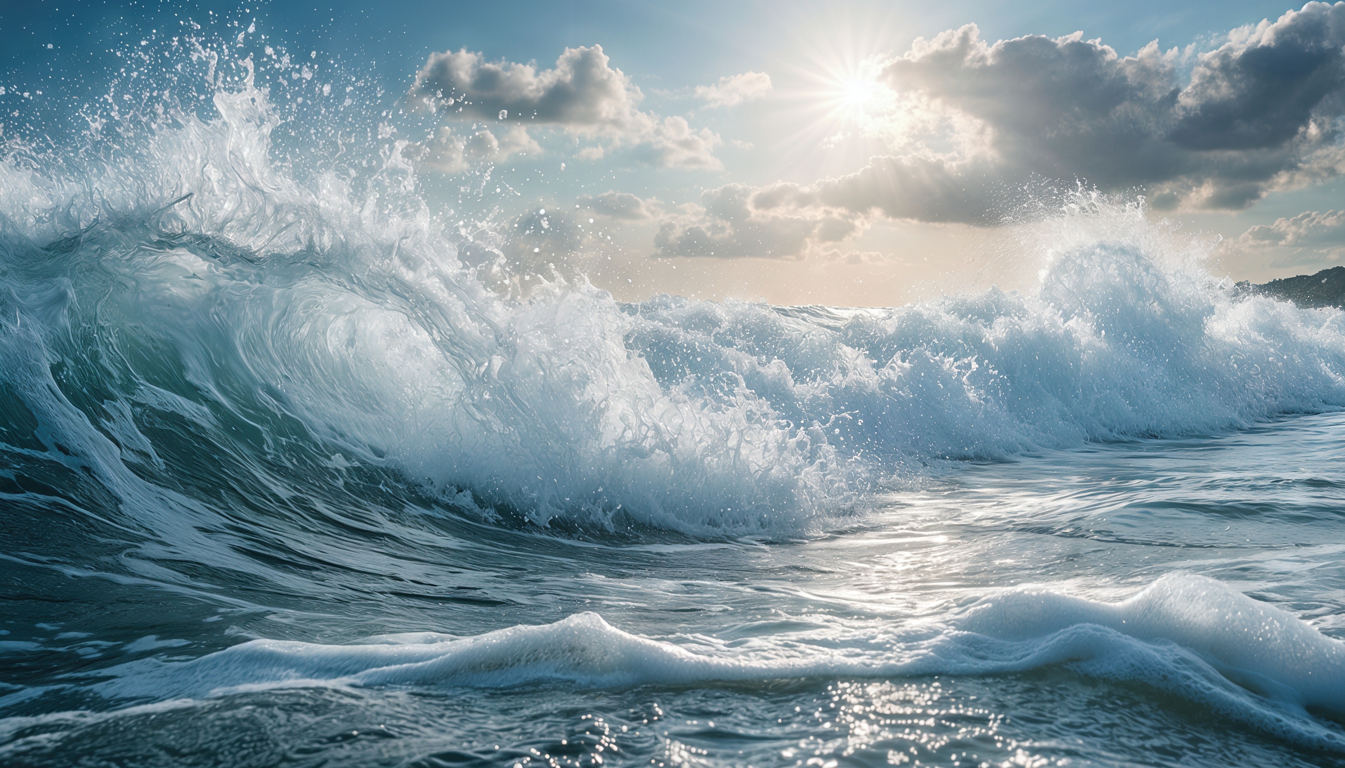 Мощная морская волна с пеной и брызгами на фоне солнца и облаков.