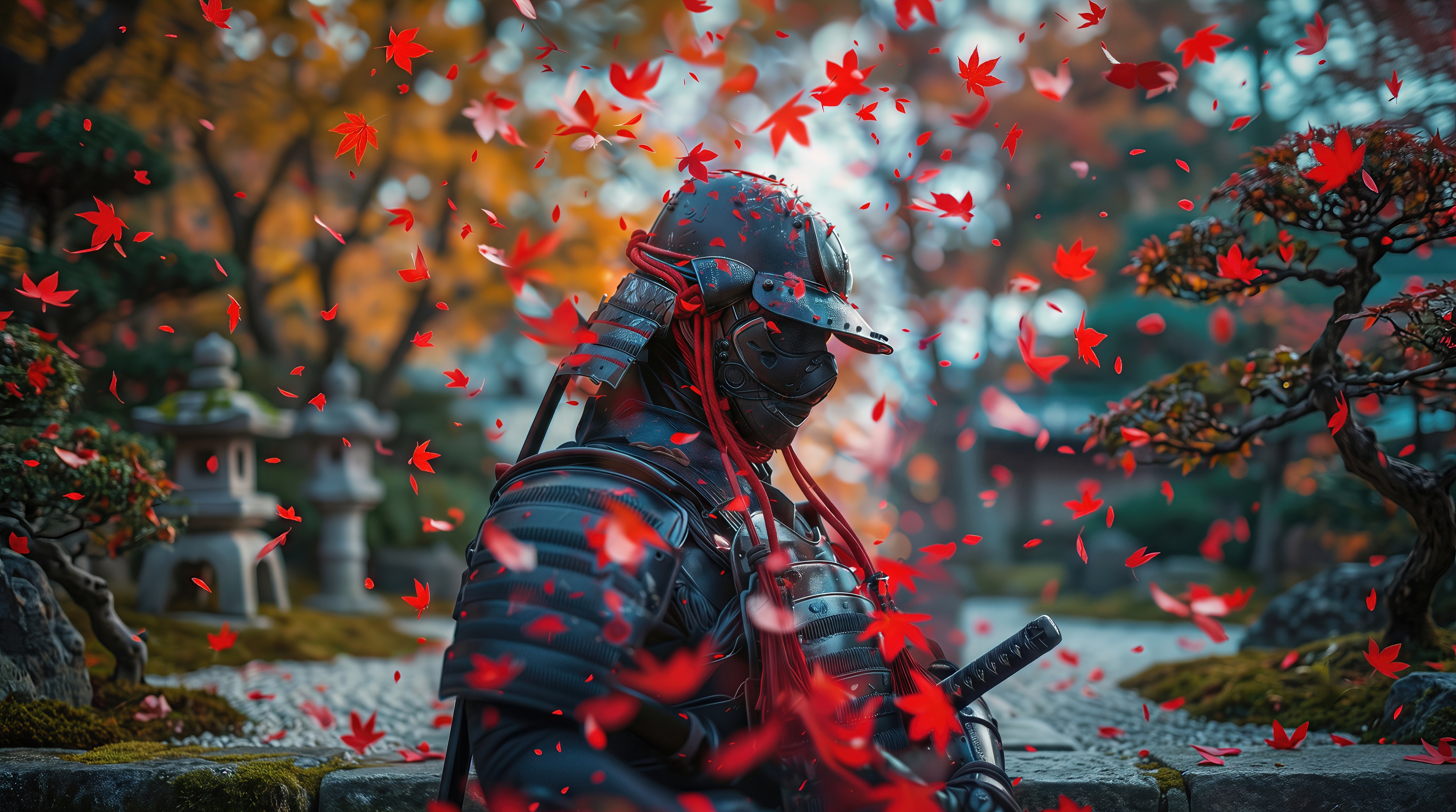 免费照片一个穿着黑色盔甲的日本武士站在一个花园里，在红色枫叶的漩涡下。