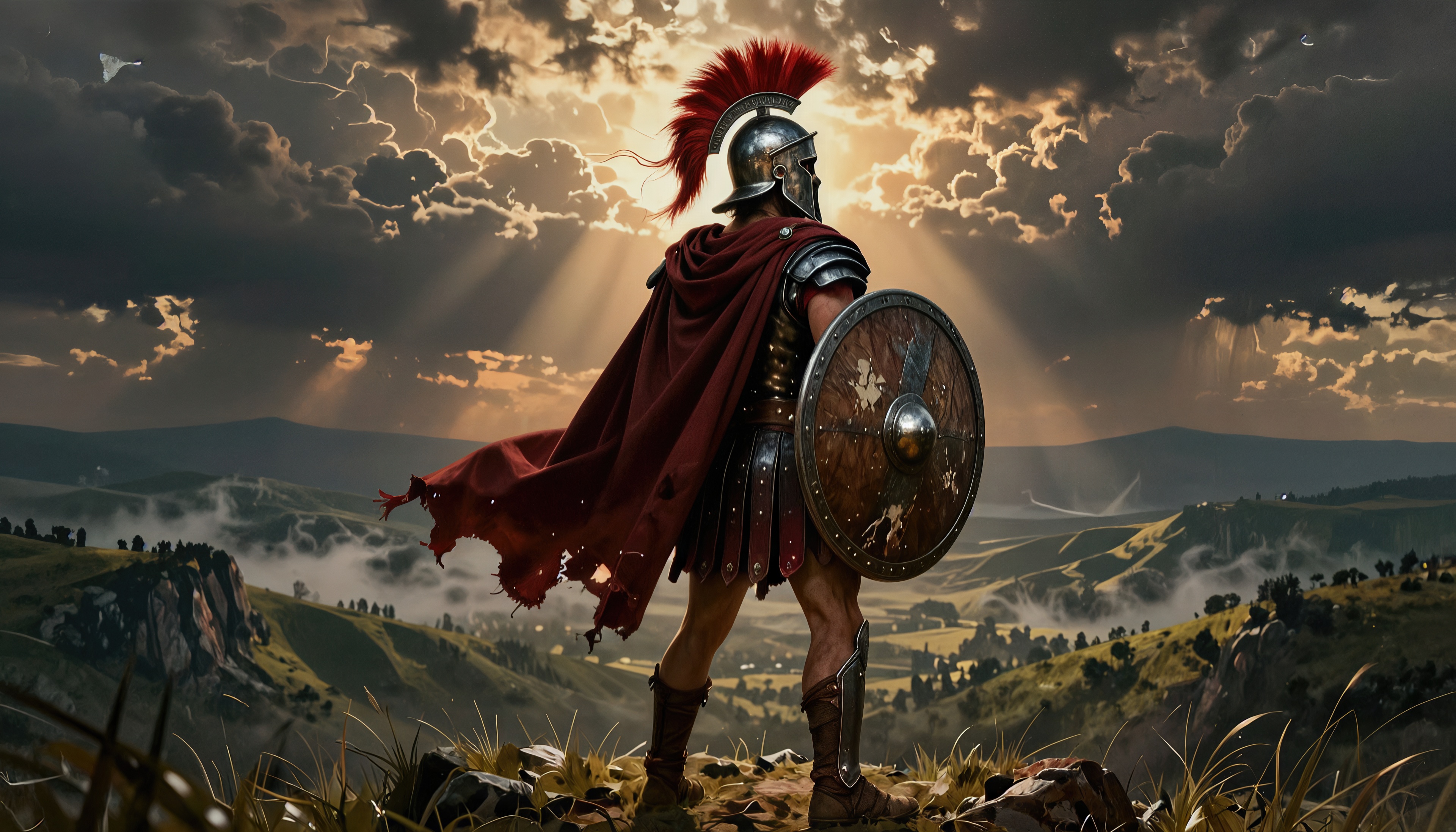 Free photo An ancient Greek Spartan hoplite in a Corinthian helmet and a red cloak stands with a shield on top of a hill.