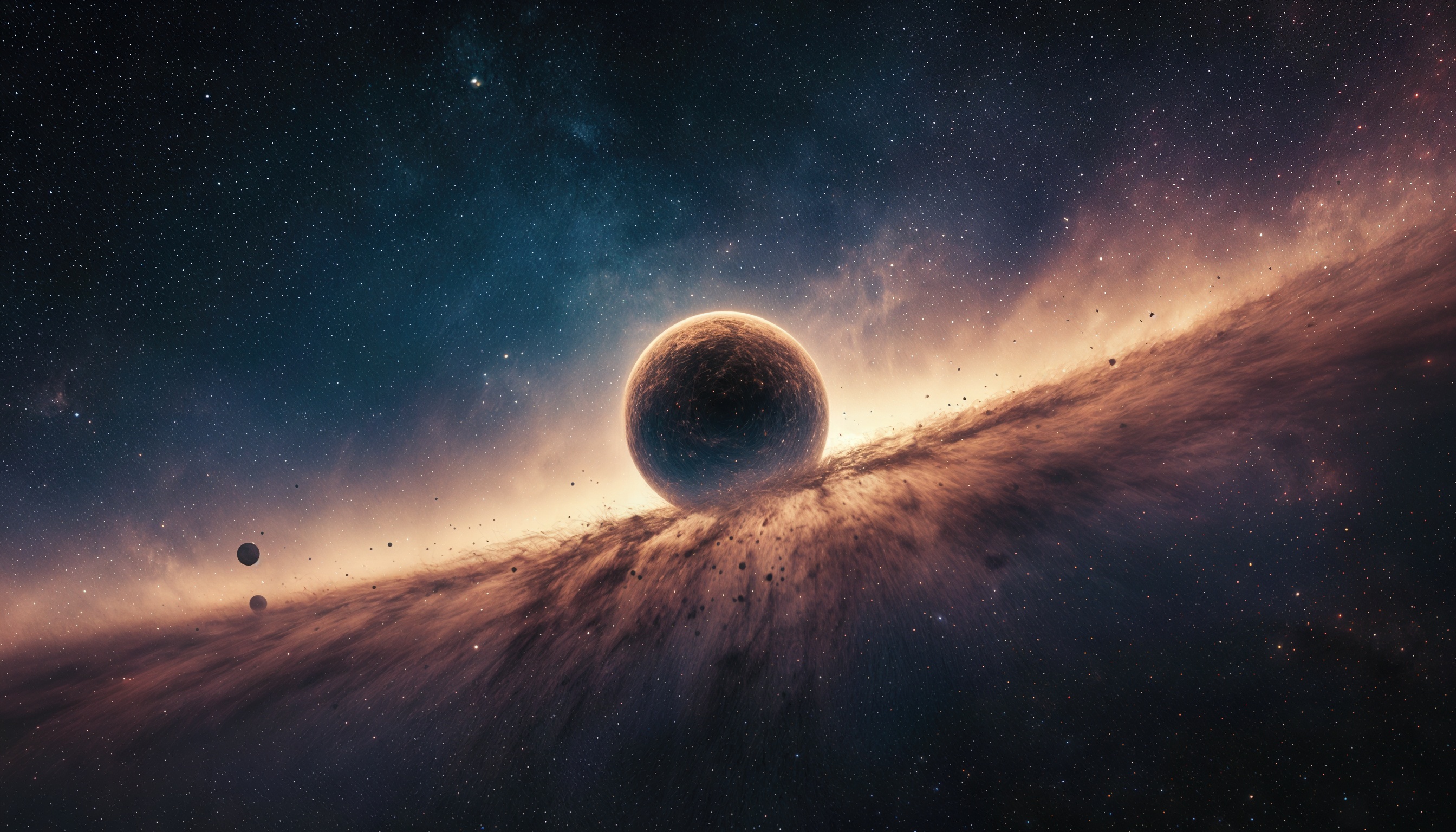 Бесплатное фото Космический пейзаж с планетой в центре, что окружена материей из пыли и частиц.