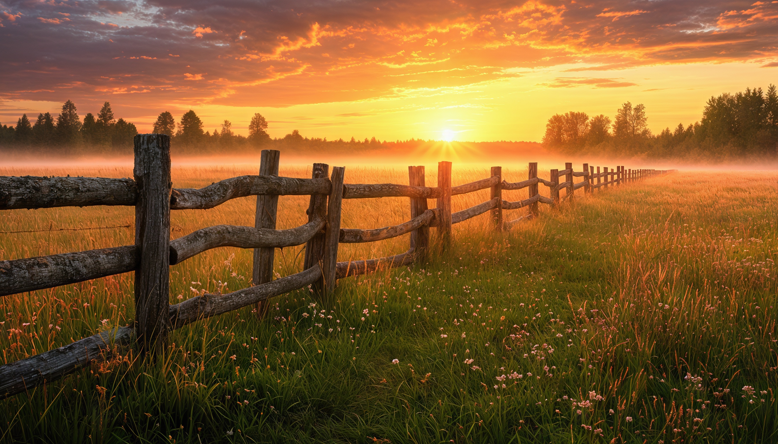 Бесплатное фото Рассвет в глубинке летом на фоне деревянного забора и тумана.